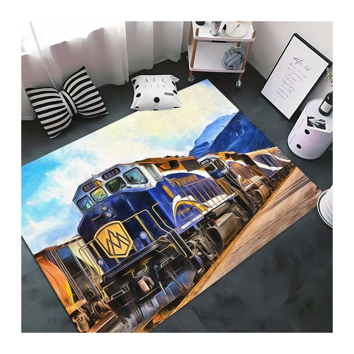 Rutschfester 3D-HD-Druckteppich mit klassischem Zuglokomotiven-Motiv für Wohnzimmer und Kinderzimmer, Breite: 100 cm, Tiefe: 120 cm - Bild 1