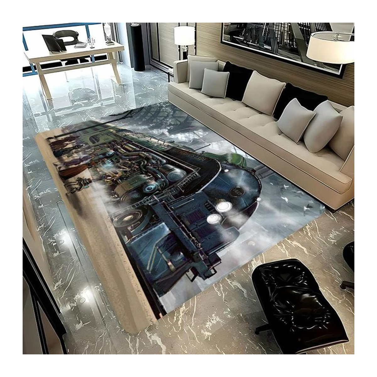 Rutschfester 3D-HD-Druckteppich mit klassischem Zuglokomotiven-Motiv für Wohnzimmer und Kinderzimmer, Breite: 120 cm, Tiefe: 160 cm - Bild 1