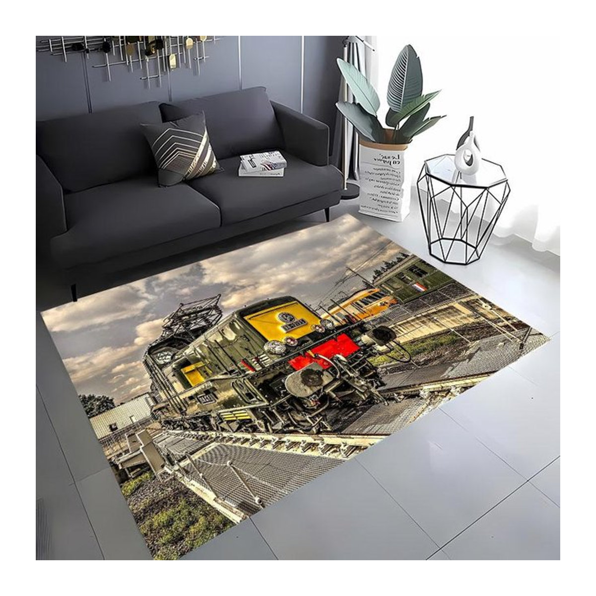Rutschfester Druckteppich mit klassischem Zuglokomotiven-Motiv für Wohnzimmer und Kinderzimmer, B/B: 80 x 140 cm - Bild 1
