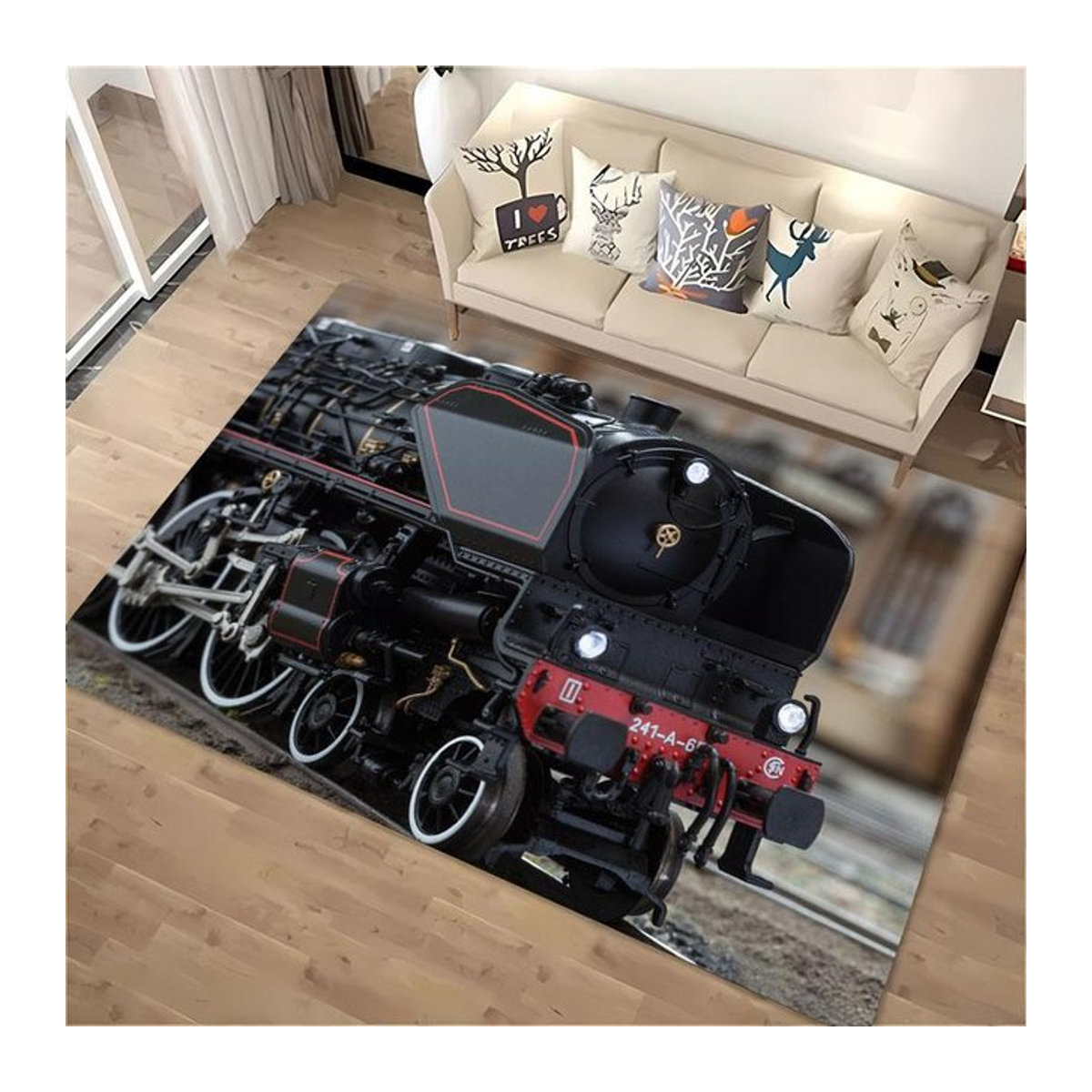 Rutschfester Druckteppich mit klassischem Zuglokomotiven-Motiv für Wohnzimmer und Kinderzimmer B/B: 80 x 140 cm - Bild 1