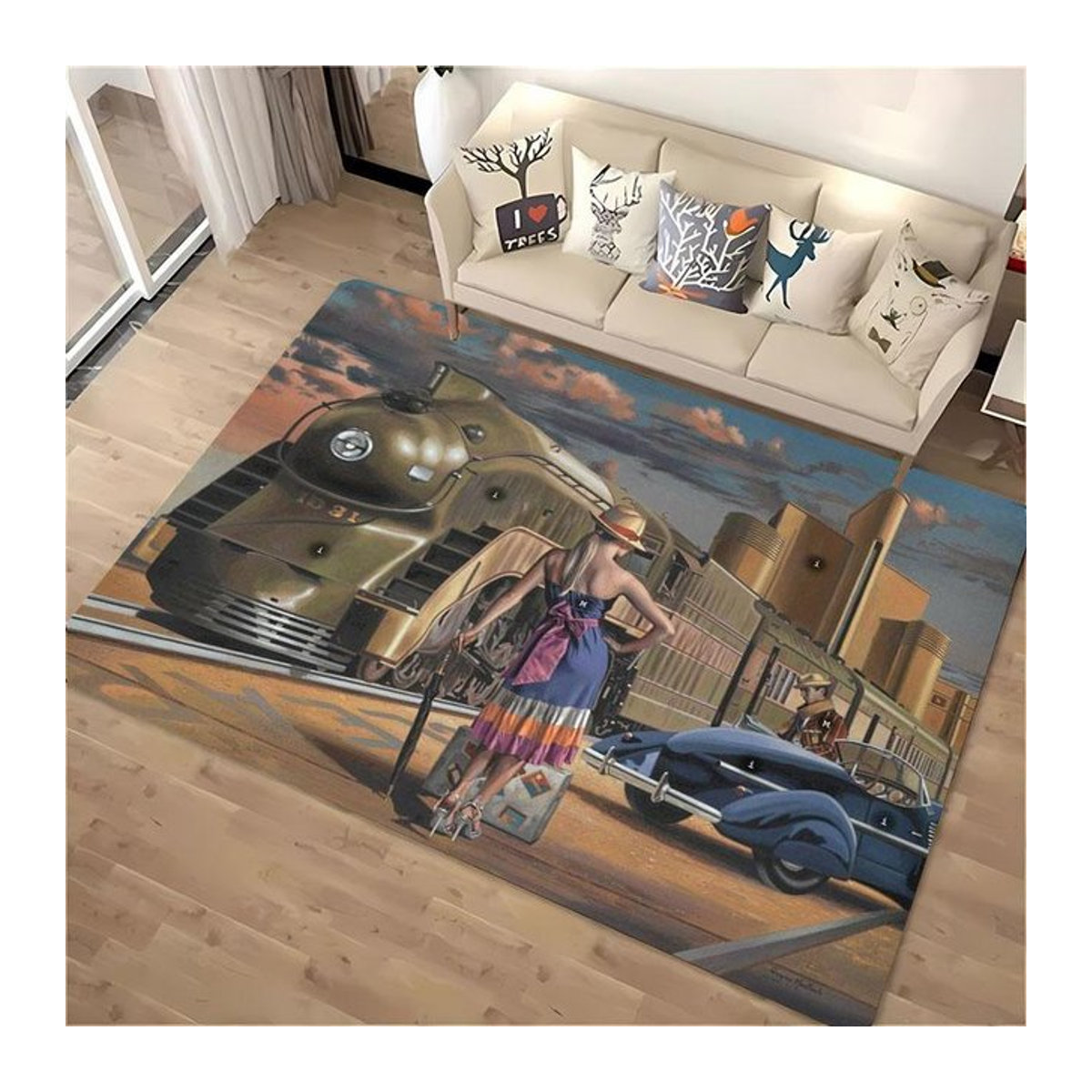Rutschfester Druckteppich mit klassischem Zuglokomotiven-Motiv für Wohnzimmer und Kinderzimmer von AISILK MOON, B/B: 150 x 200 cm - Bild 1