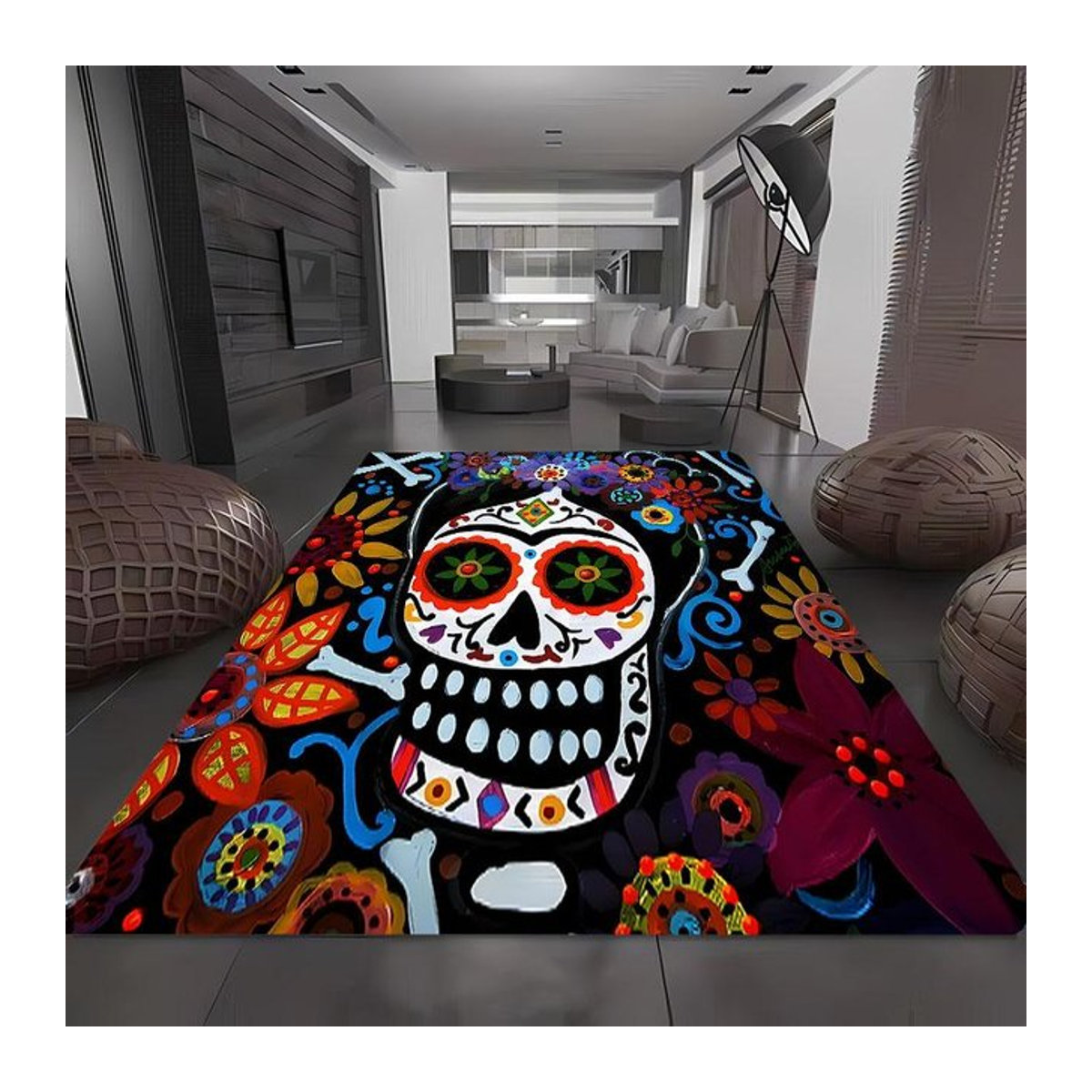 Rutschfester Druckteppich mit Mexikanischem Tag der Toten Motiv in Multicolor für Wohnzimmer und Schlafzimmer B/B: 40 x 60 cm - Bild 1
