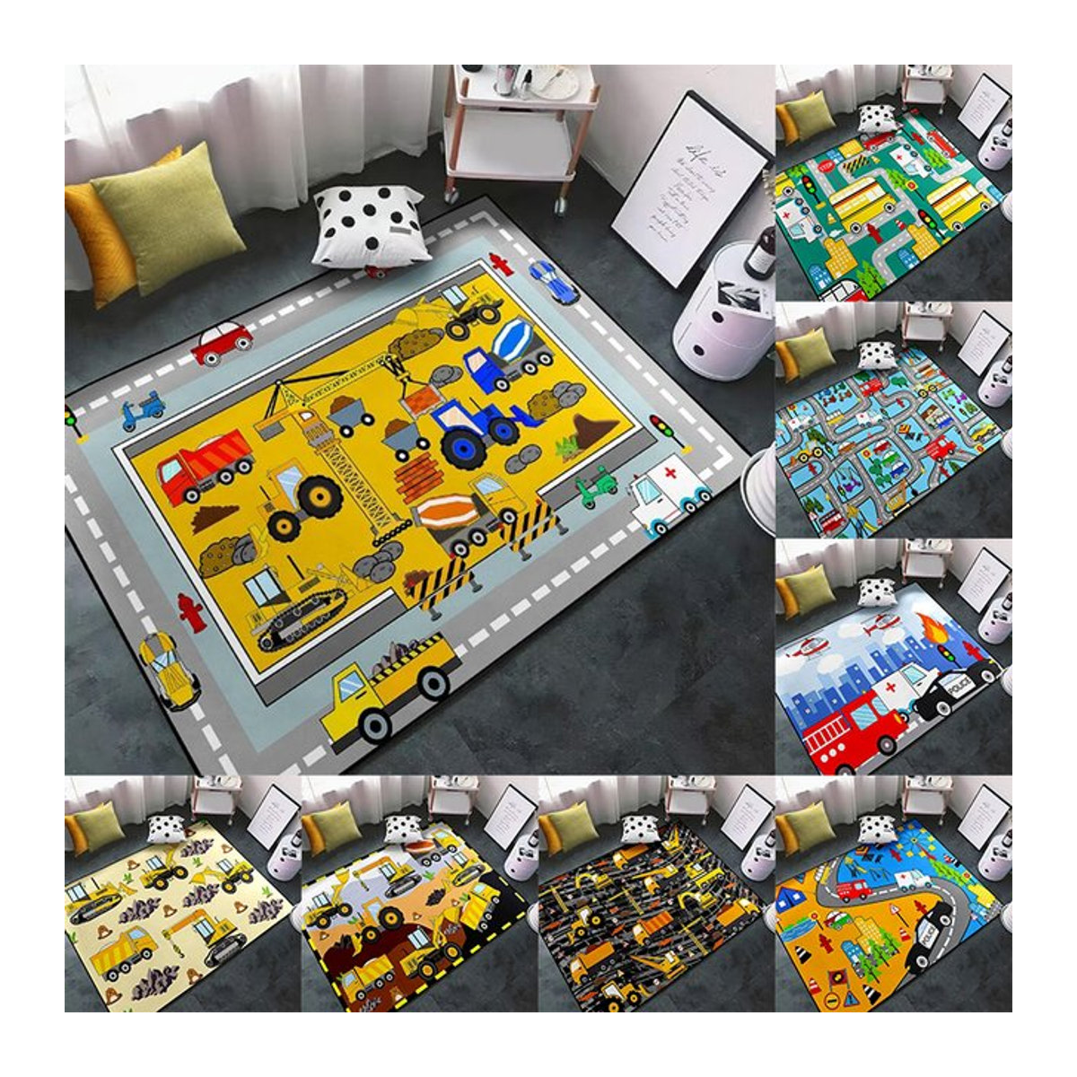 Rutschfester Flanell-Druckteppich für das Kinderzimmer mit LKW- und Traktor-Motiv in Multicolor - Bild 1