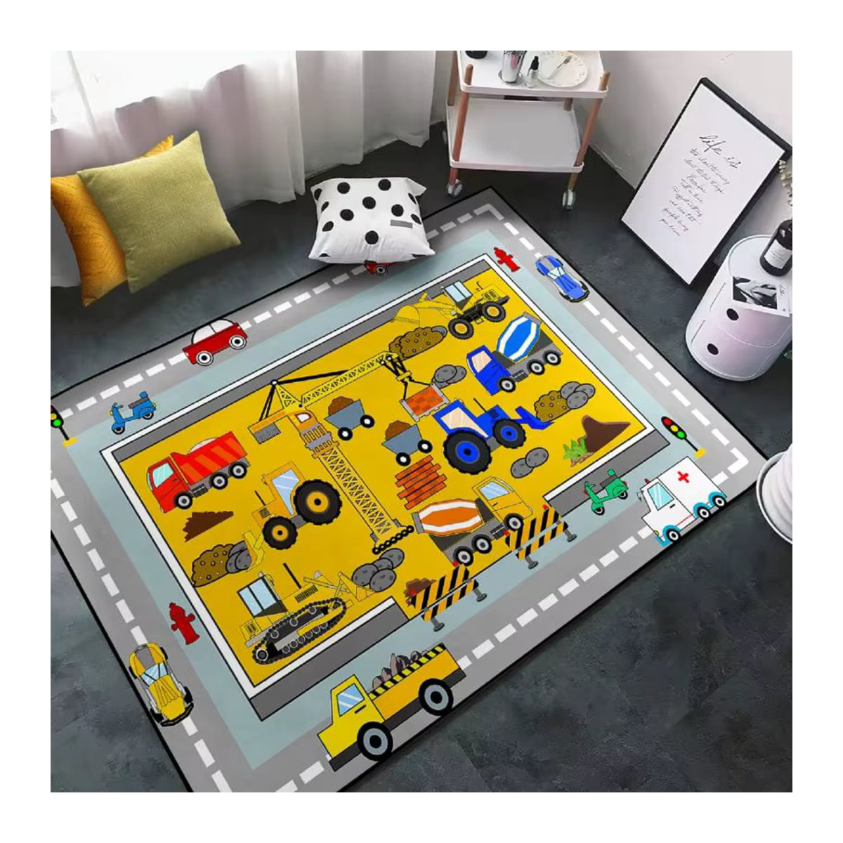 Rutschfester Flanell-Druckteppich für das Kinderzimmer mit LKW- und Traktor-Motiv in Multicolor - Bild 2