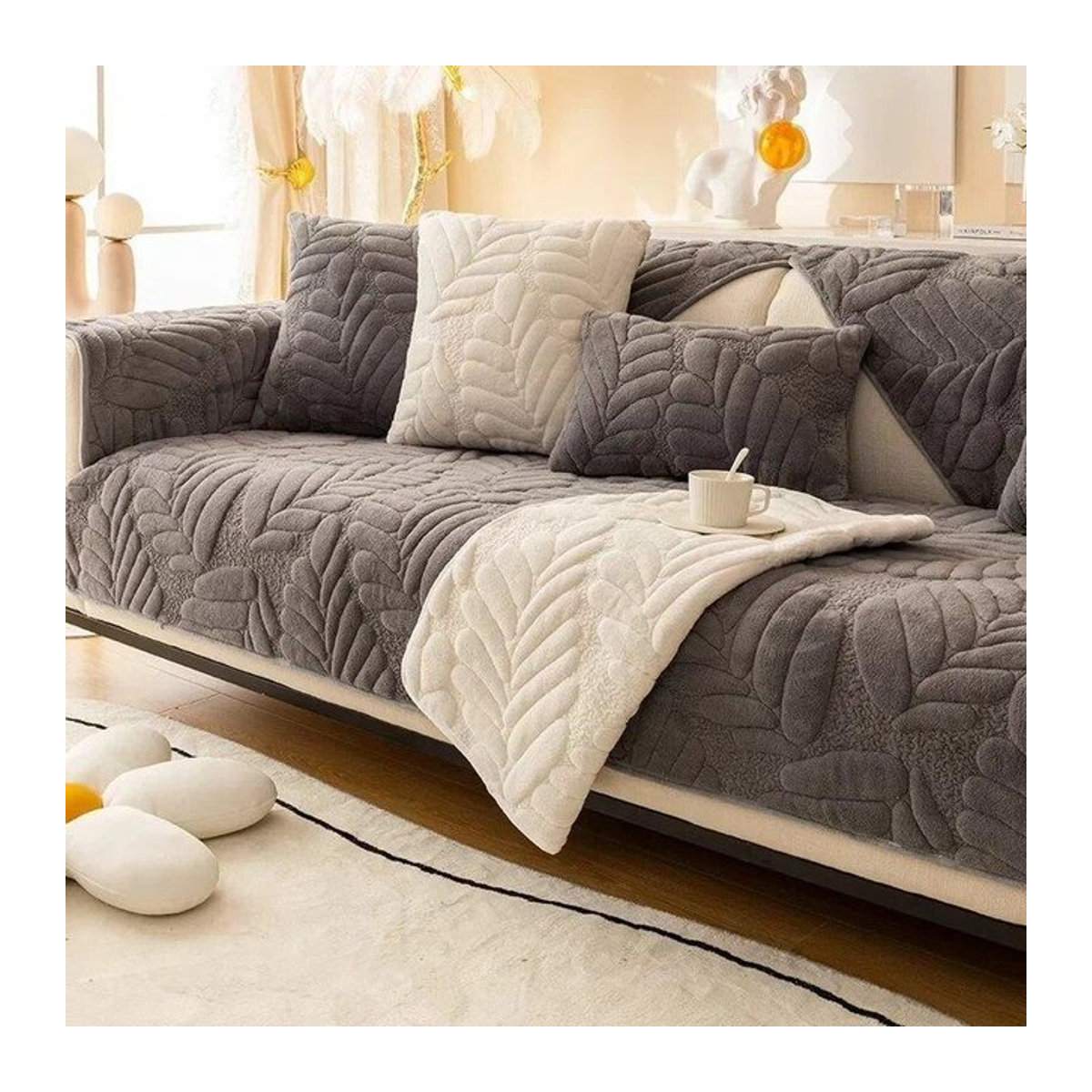Rutschfester Jacquard-Sofabezug aus verdicktem Kurzplüsch mit Blättermuster, abnehmbarer Sofa-Schutz für dein Wohnzimmer, B/B: 70 x 70 cm - Bild 1