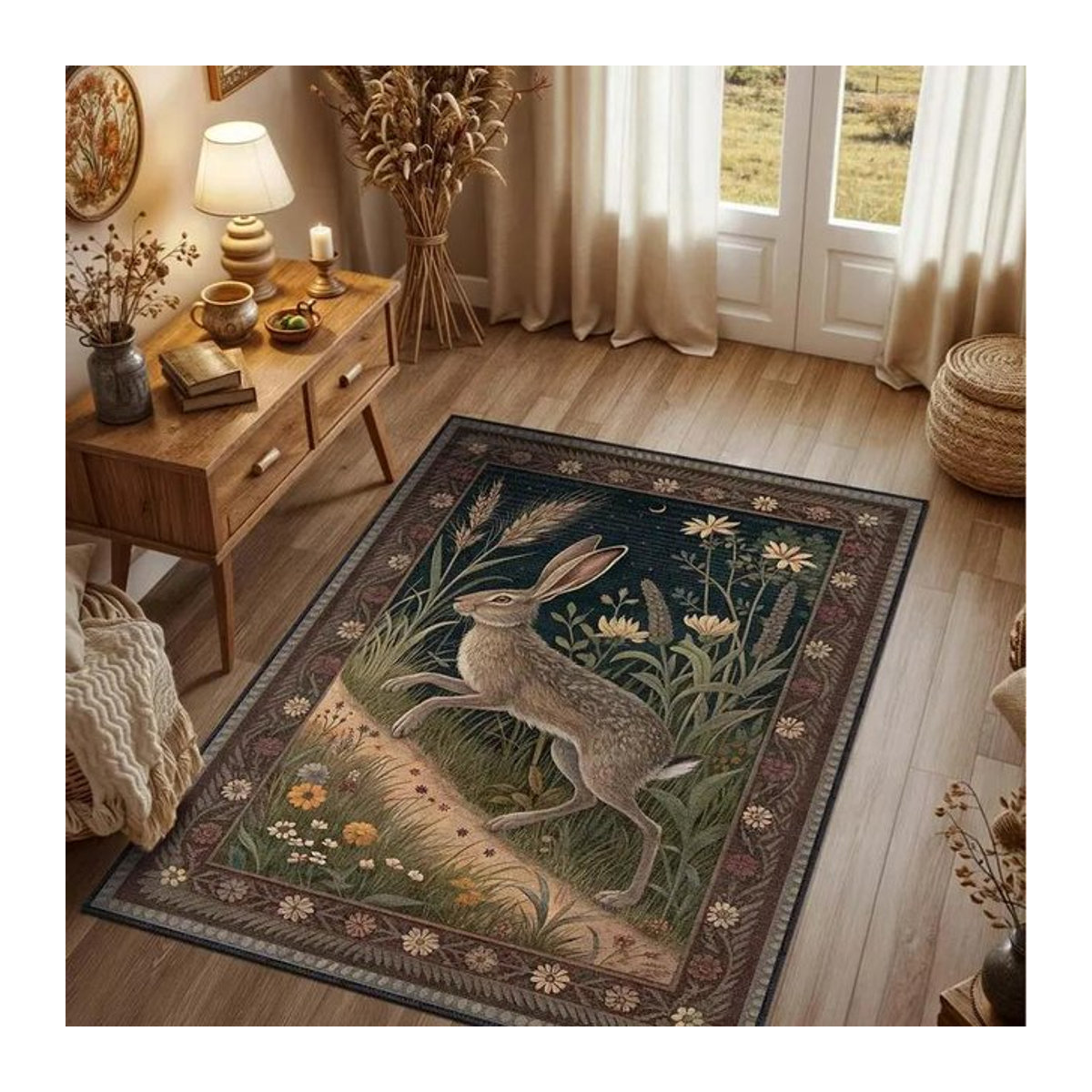 Rutschfester Kaninchenteppich mit Bunny- und Blütenmuster, B/B: 120 x 160 cm - Bild 1