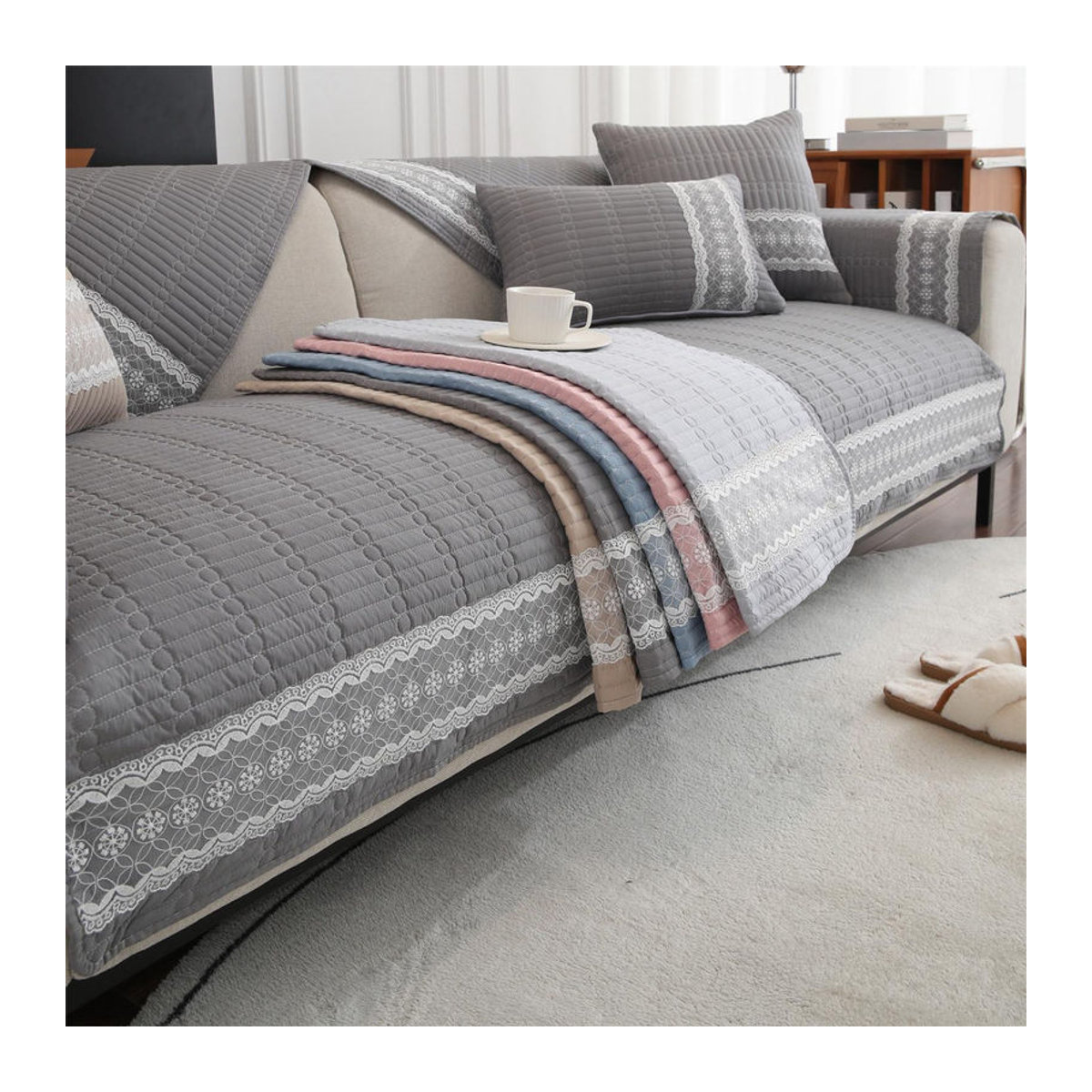 Rutschfester Sofabezug mit Spitzenverzierung als Couchsitzschutz und Universal-Sofakissen für Chaiselongues, Breite: 60 cm, Breite: 60 cm - Bild 4