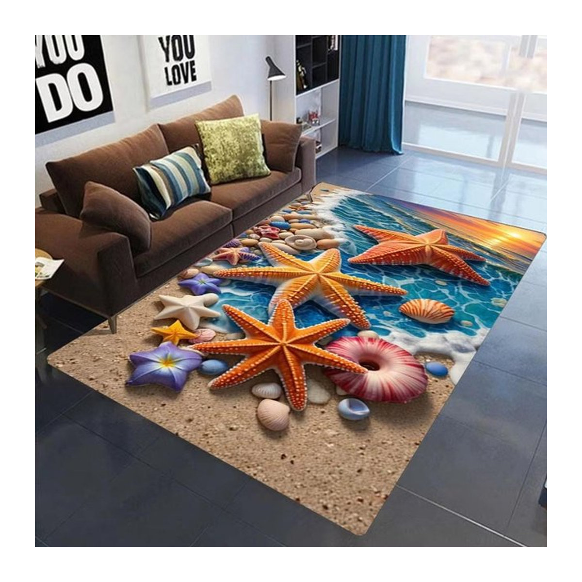 Rutschfester Teppich mit Seestern- und Muschel-Design für Wohnzimmer, Schlafzimmer oder Kinderzimmer, B/T: 60 x 40 cm - Bild 1
