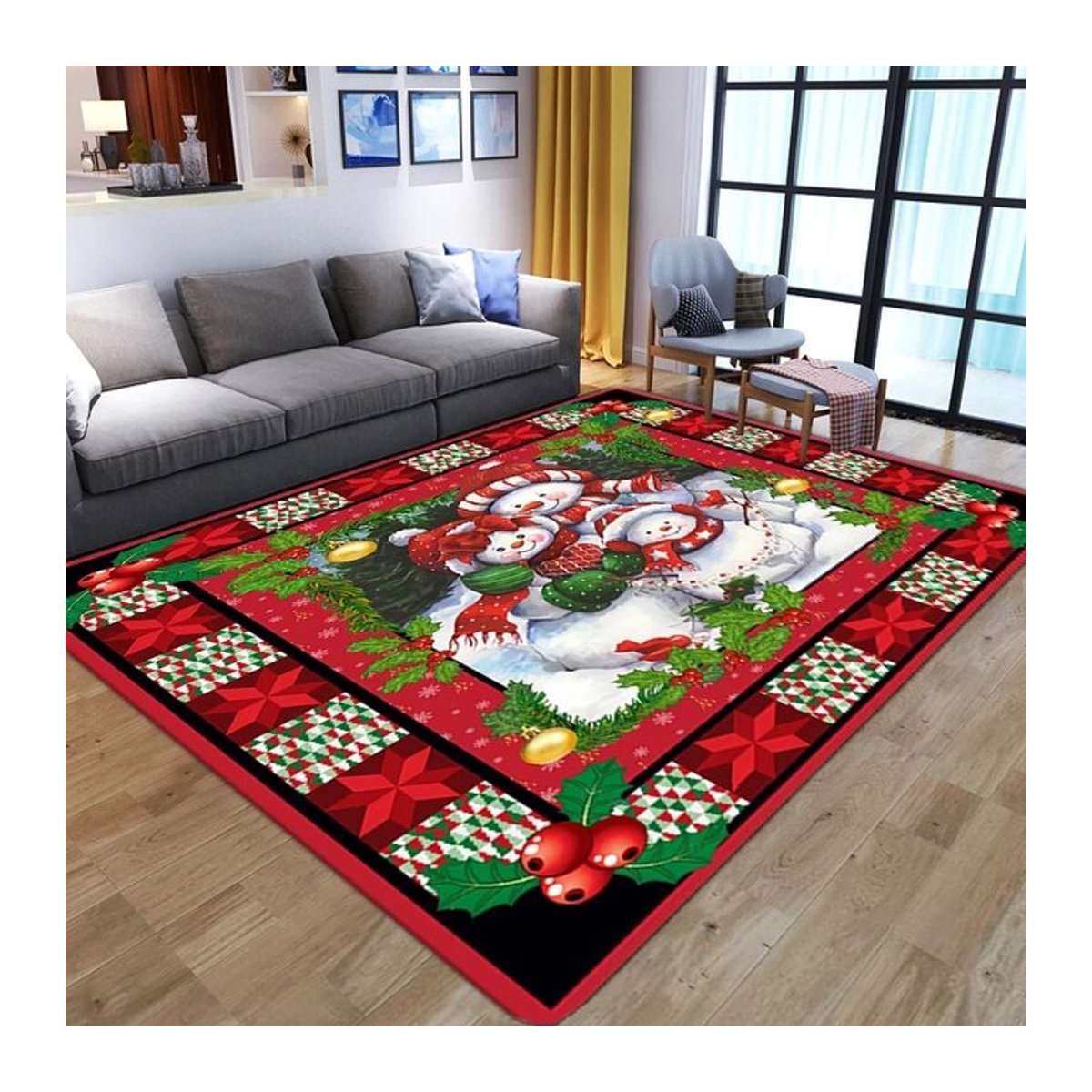 Rutschfester Weihnachtsteppich mit Schneemann und Weihnachtsstern für Wohnzimmer und Flur, Weiß/Mehrfarbig - Bild 1