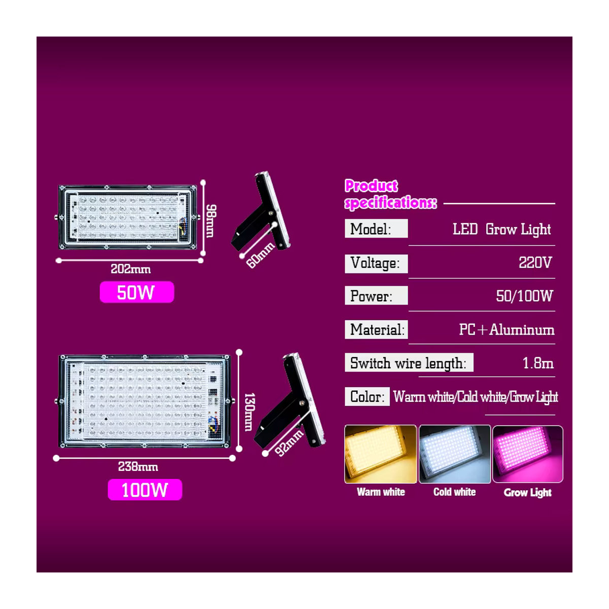 RXMAX LED-Pflanzenlampe Vollspektrum Phyto-Lampe mit Steuerstecker für Indoor-Grow-Zelt, 100W, Grow Light - Bild 2