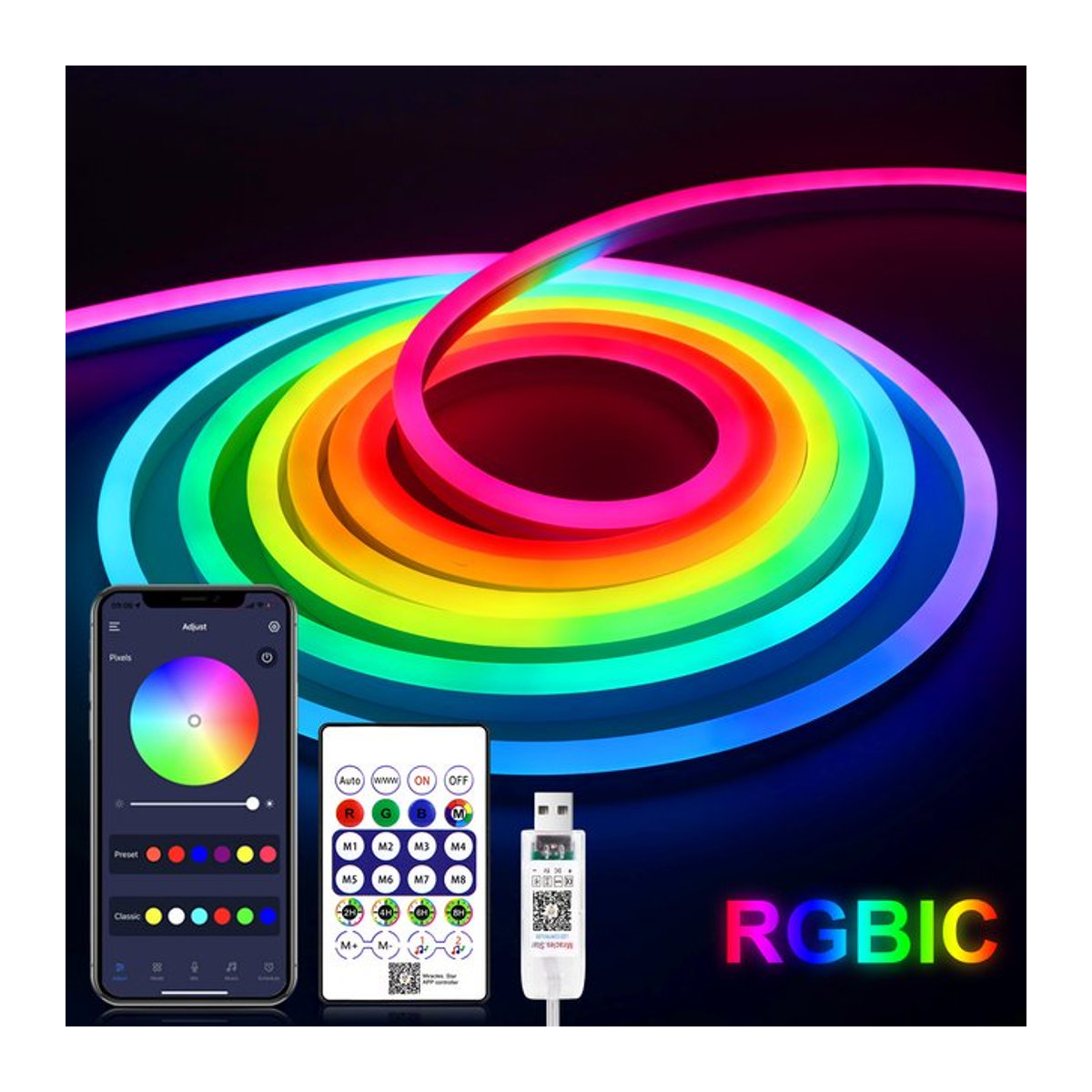 Rybakov RGBIC LED Neon Seil Licht Bunt, Wasserdichtes Flexibles WS2812 LED Band mit Bluetooth App und dimmbarer Fernbedienung zur Wanddekoration - Bild 1