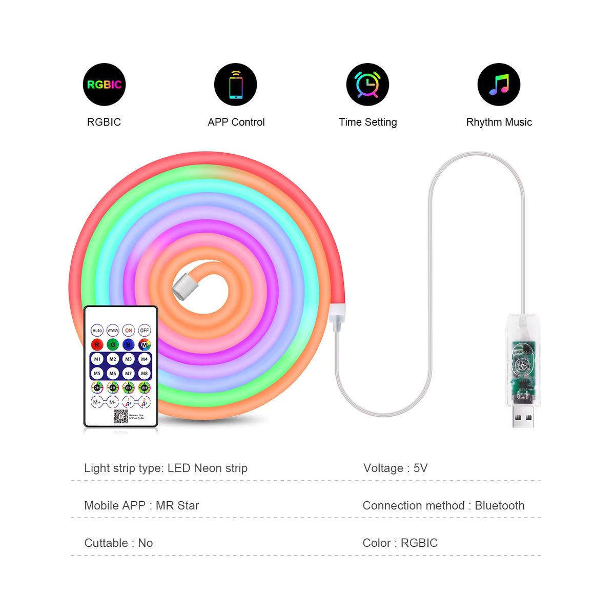 Rybakov RGBIC LED Neon Seil Licht Bunt, Wasserdichtes Flexibles WS2812 LED Band mit Bluetooth App und dimmbarer Fernbedienung zur Wanddekoration - Bild 2