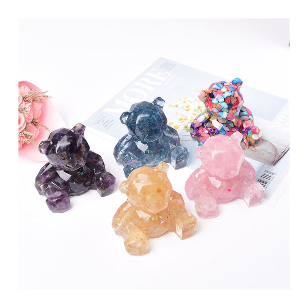 RYCRYSTAL Bär Figur aus natürlichem Kristall in Mehrfarbig und Rosa als Deko-Stein und Reiki Energie Geschenk - Bild 1