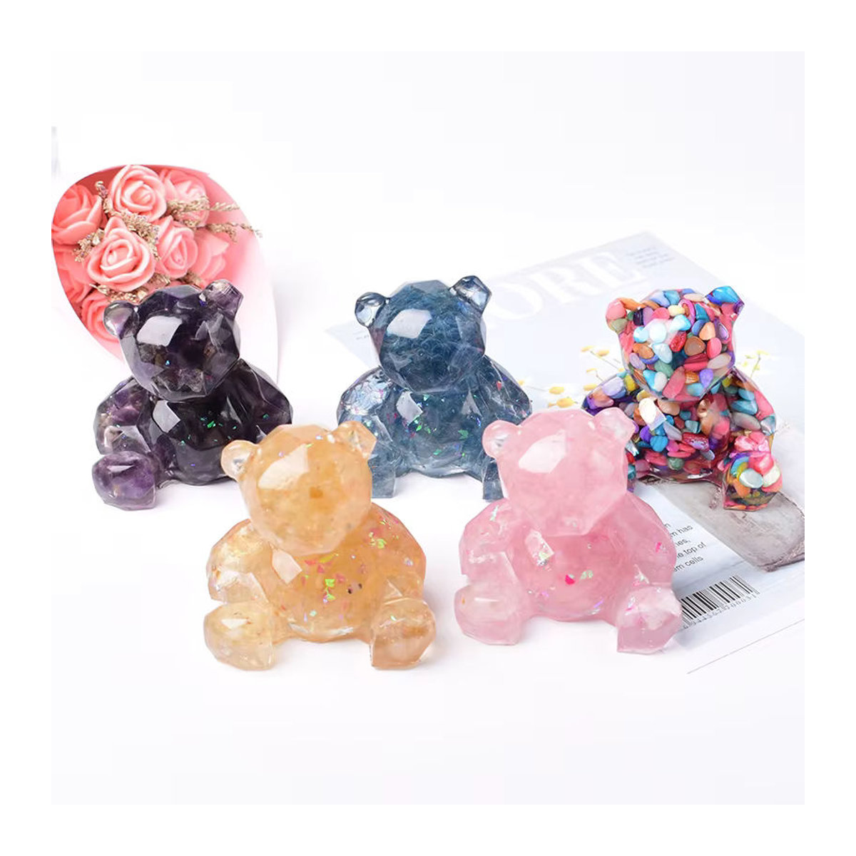RYCRYSTAL Bär Figur aus natürlichem Kristall in Mehrfarbig und Rosa als Deko-Stein und Reiki Energie Geschenk - Bild 2