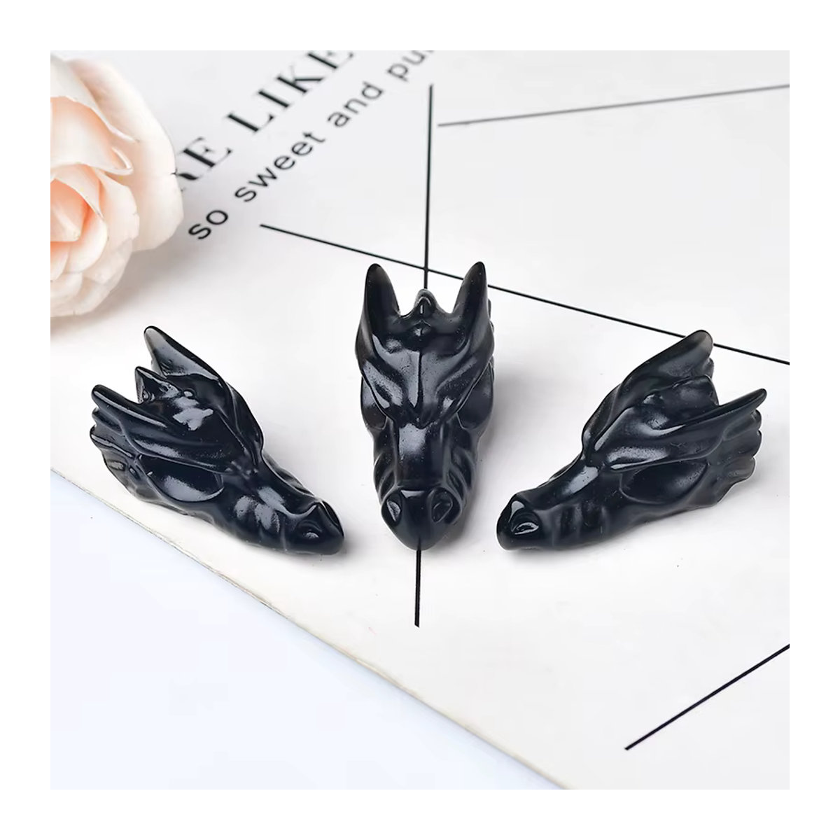 RYCRYSTAL Drachenschädel aus schwarzem Obsidian als natürliches Kristall-Ornament zur Dekoration und für Reiki-Heilung - Bild 3