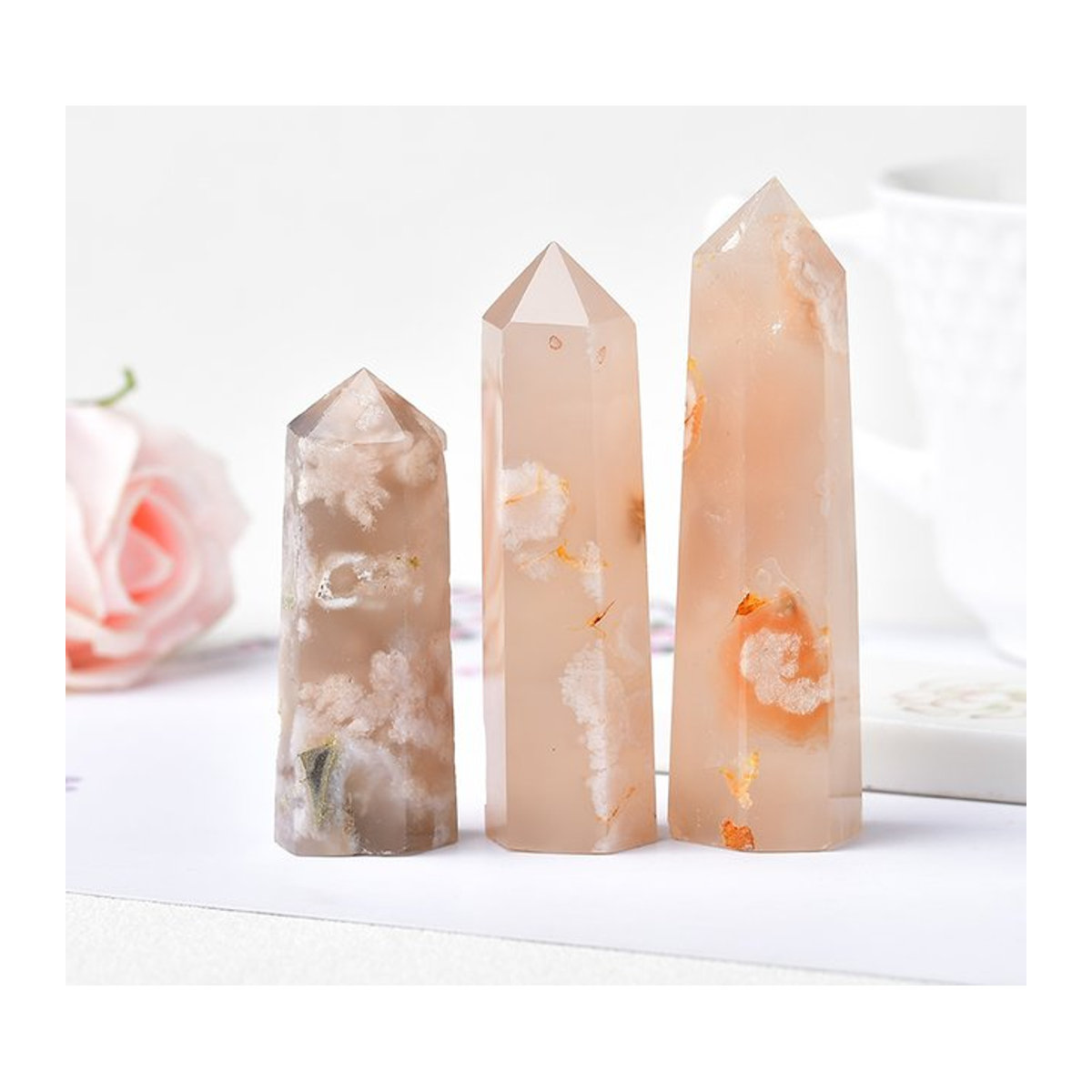 RYCRYSTAL Kirschblüte Achat Obelisk aus natürlichem Kristall Quarz in Rosa, geometrisches sechseckiges Prisma als Steinturm zur Wohnkultur - Bild 1