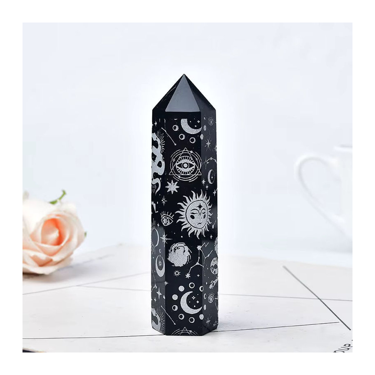 RYCRYSTAL Obsidian Turm mit Gold Stern und Mond Muster in Schwarz und Gold als Deko-Stein für Reiki und Energiearbeit - Bild 3