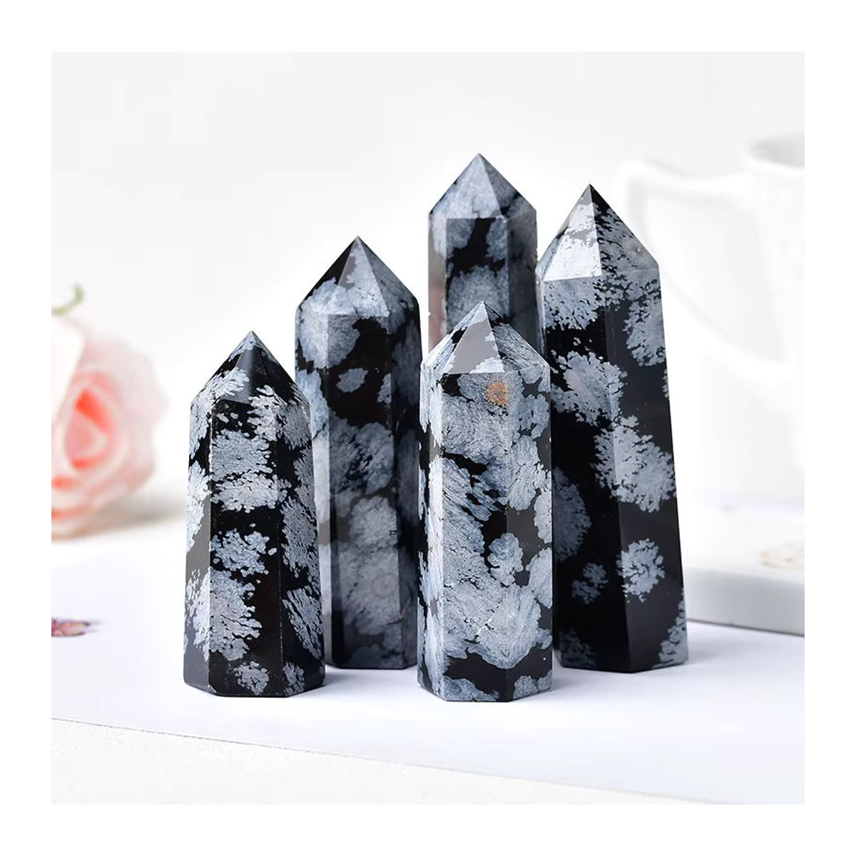 RYCRYSTAL Schneeflocken Obsidian Quarz Kristall Punkt als Heilstein und Dekoration, Schwarz, B/T/H: 5,5 x 5,5 x 3 cm - Bild 2