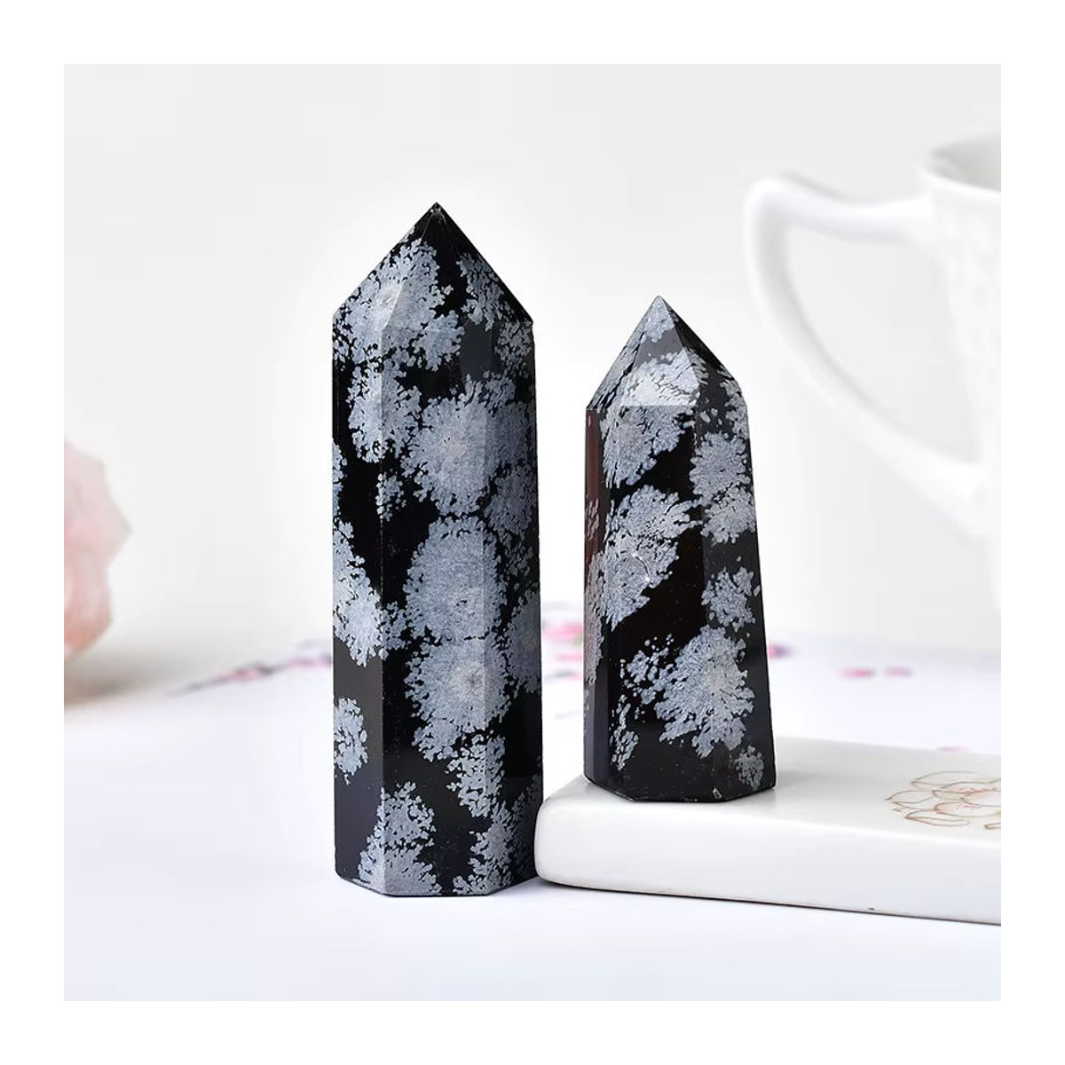RYCRYSTAL Schneeflocken Obsidian Quarz Kristall Punkt als Heilstein und Dekoration, Schwarz, B/T/H: 5,5 x 5,5 x 3 cm - Bild 4