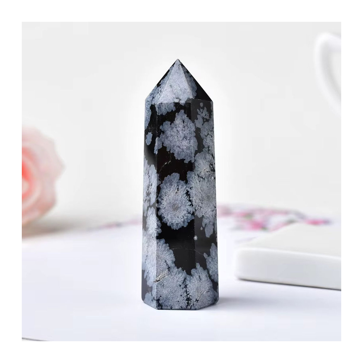 RYCRYSTAL Schneeflocken Obsidian Quarz Kristall Punkt als Heilstein und Dekoration, Schwarz, B/T/H: 5,5 x 5,5 x 3 cm - Bild 5