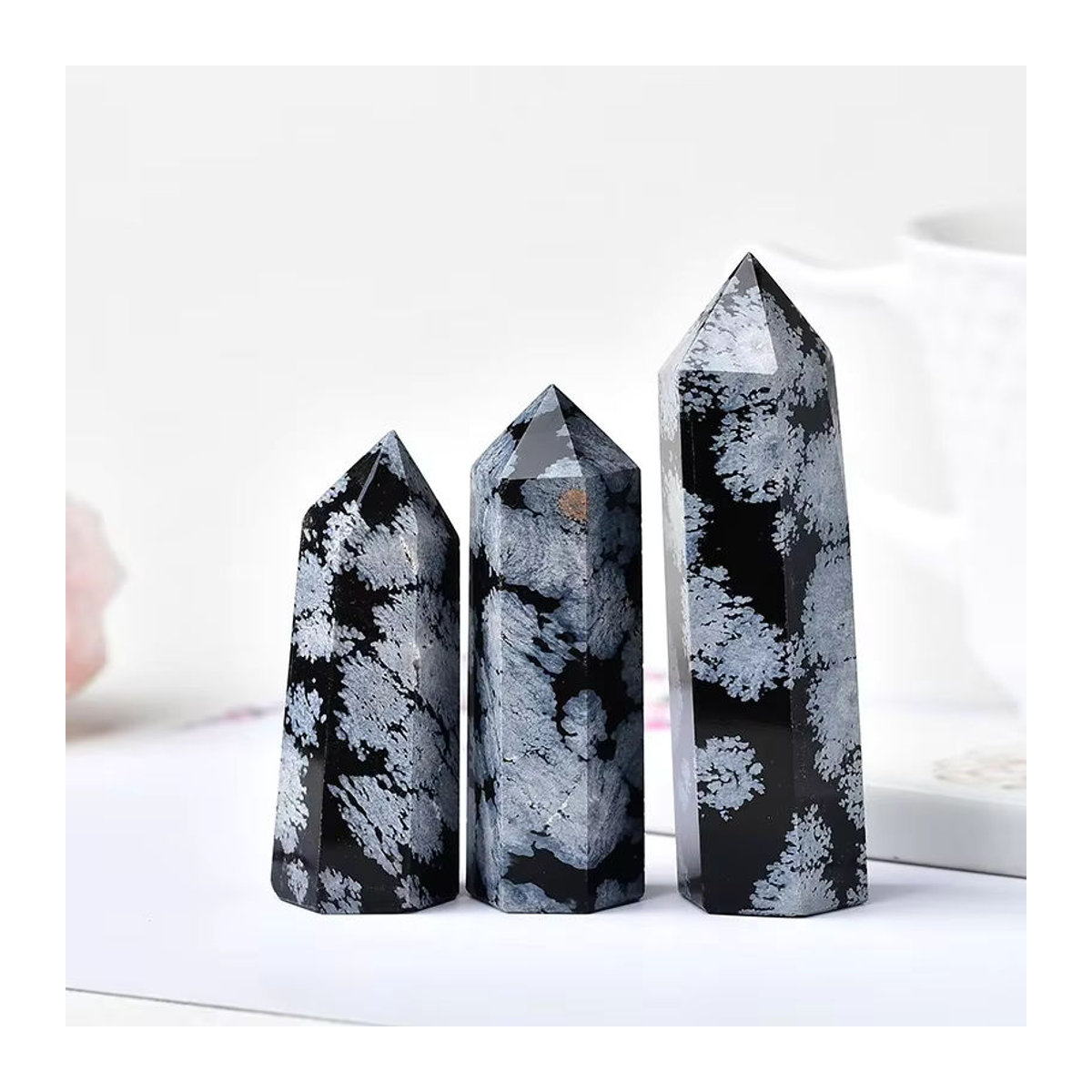 RYCRYSTAL Schneeflocken Obsidian Quarz Kristall Punkt als Heilstein und Dekoration, Schwarz, B/T/H: 5,5 x 5,5 x 3 cm - Bild 7
