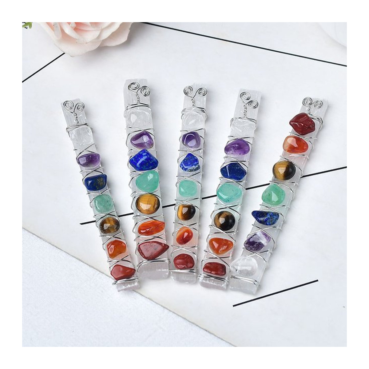 RYCRYSTAL Sieben Chakra Heilkristalle Selenit Zauberstab in Weiß und Mehrfarbig für Yoga Meditation und Reiki - Bild 1