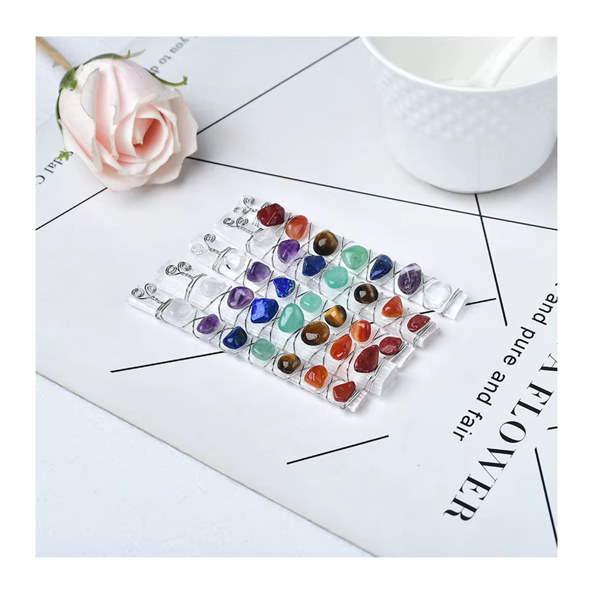 RYCRYSTAL Sieben Chakra Heilkristalle Selenit Zauberstab in Weiß und Mehrfarbig für Yoga Meditation und Reiki - Bild 2