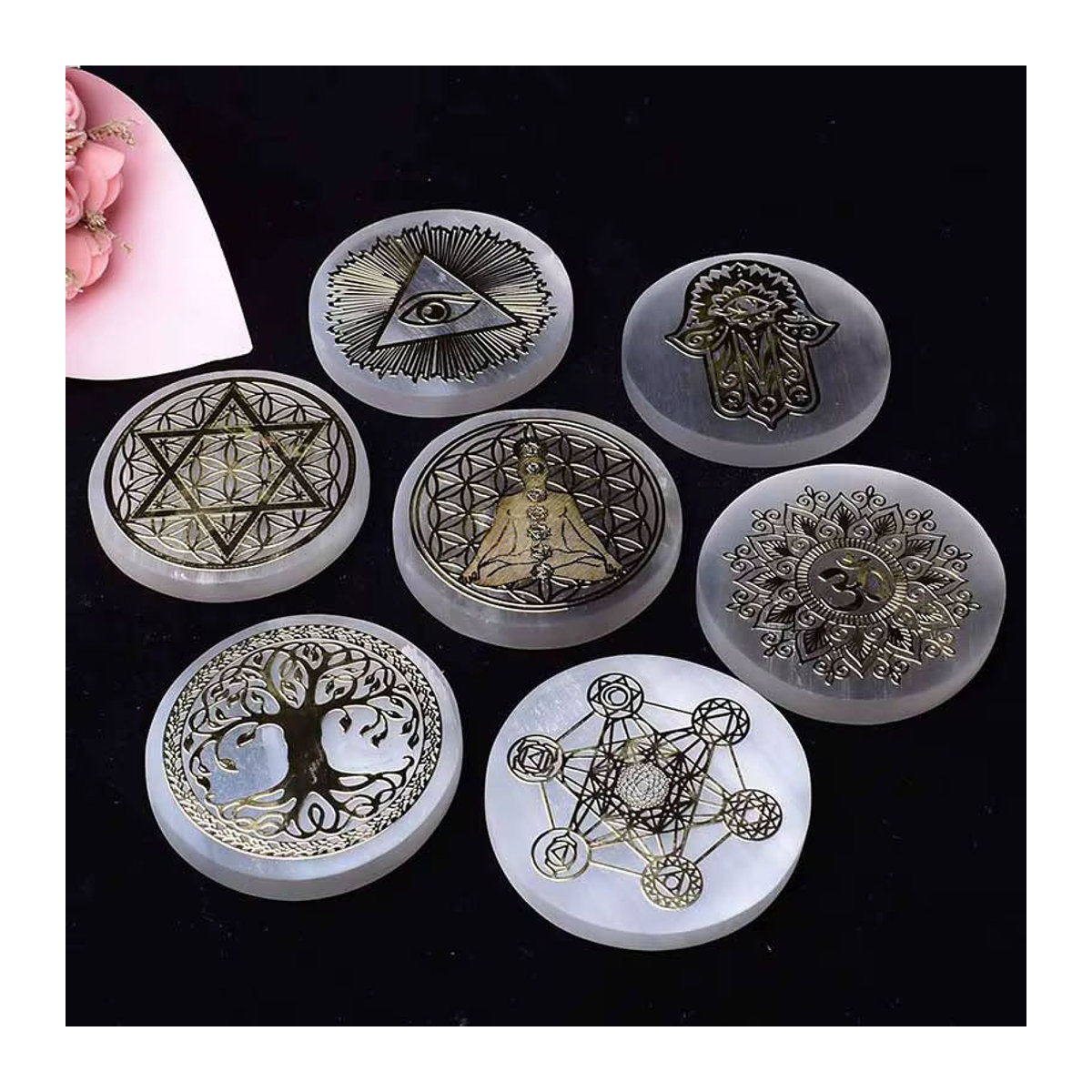 RYCRYSTAL Sieben Chakren Selenit-Stein in Weiß als runde Reiki-Scheibe für Feng Shui und Dekoration - Bild 2