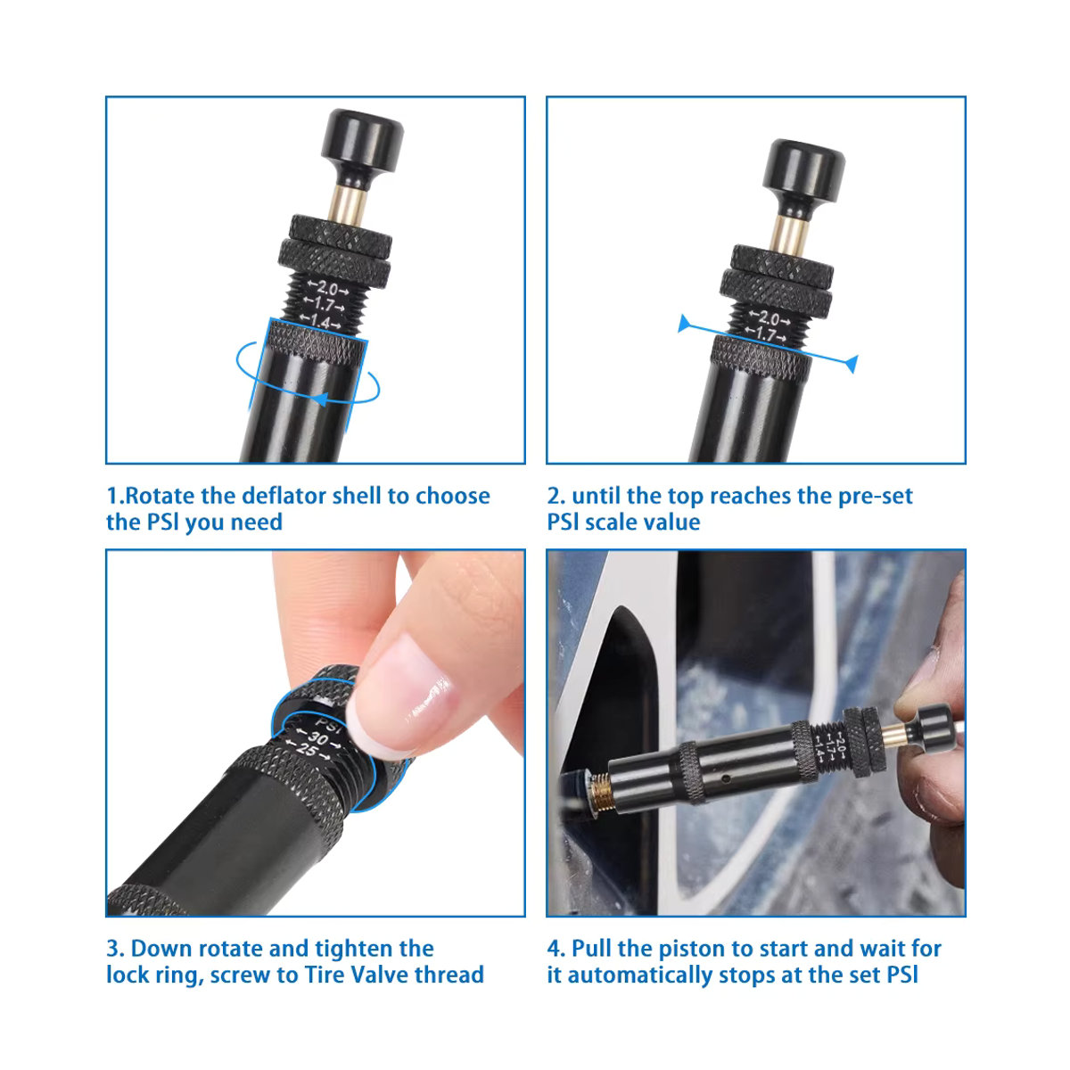 Sade Reifen-Deflator-Ventil-Set mit Auto-Stop-Funktion für 10–30 PSI in Schwarz - Bild 5