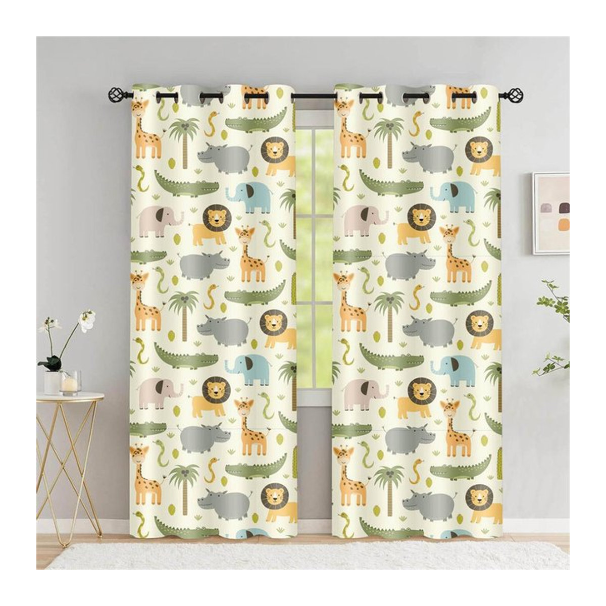 Safari Tiere Cartoon Dschungel Print Fenster Vorhänge für Kinderzimmer und Wohnzimmer, halbtransparent, B: 100 cm, H: 130 cm - Bild 1