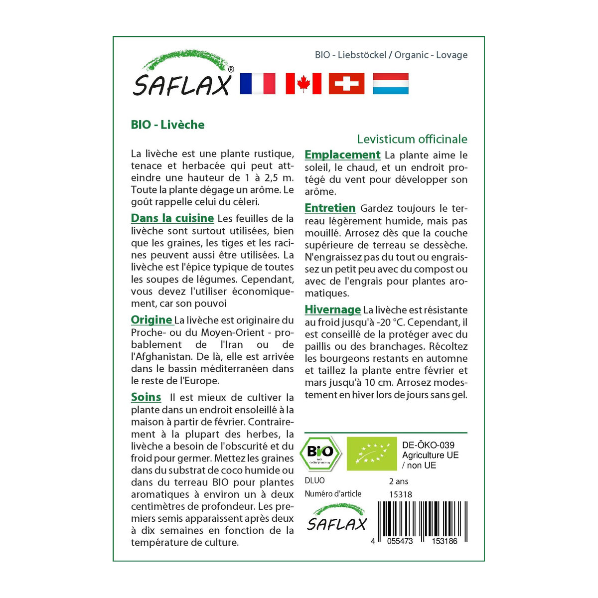SAFLAX Bio Liebstöckel Geschenkset mit 100 Samen, Geschenkbox, Karte, Etikett und Topfsubstrat (Levisticum officinale) - Bild 2