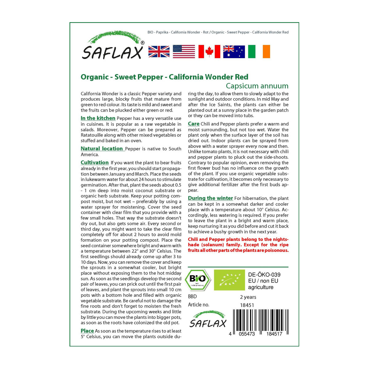 SAFLAX Bio Paprika California Wonder Red Capsicum annuum 20 Samen - Bild 2