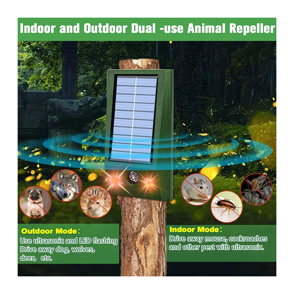 SAIJZEK Solarbetriebener Ultraschall-Tiervertreiber für den Außenbereich mit rotem LED-Blitz, IP66 wasserdicht, Insektenvertreiber für Garten, Bauernhof und Hof - Bild 2
