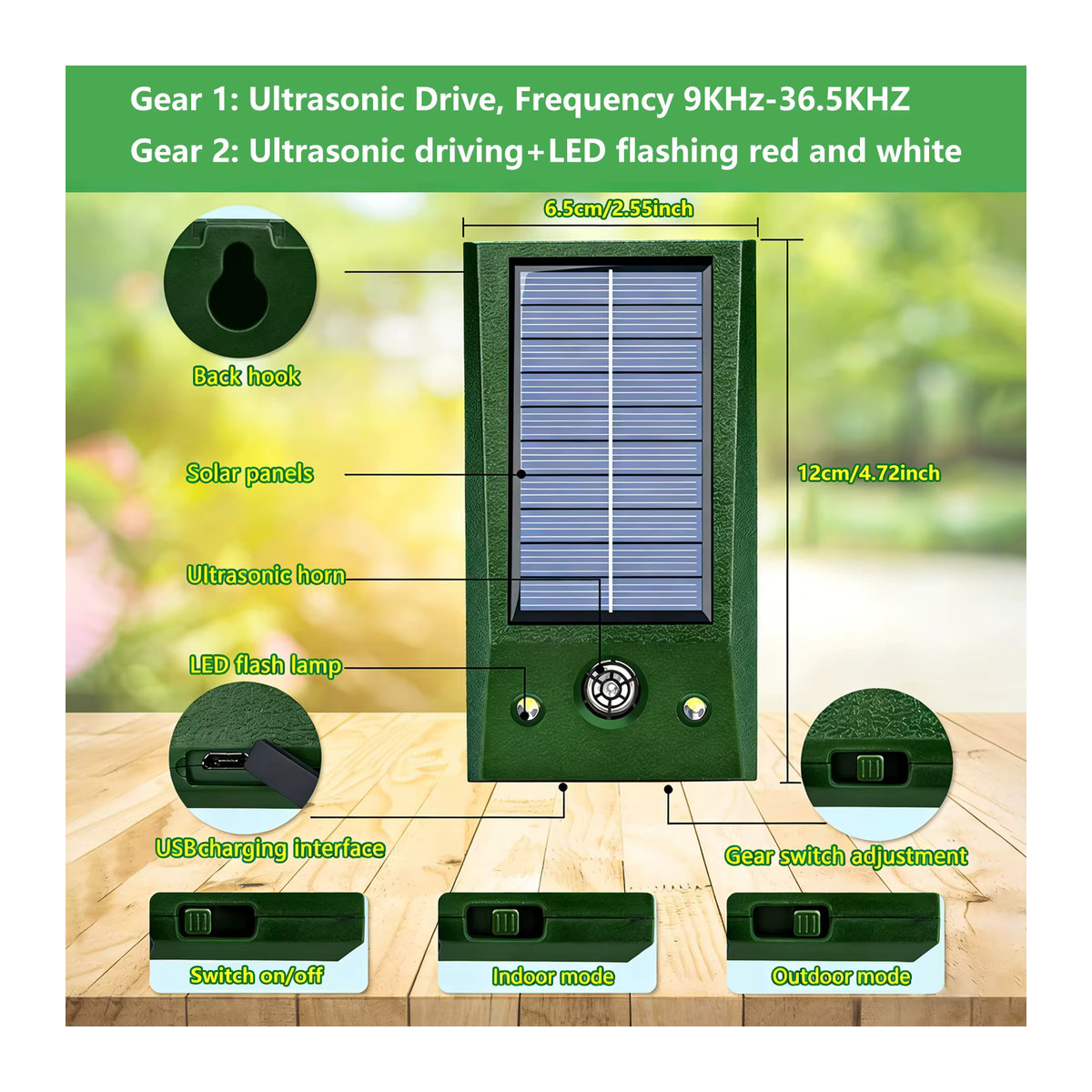 SAIJZEK Solarbetriebener Ultraschall-Tiervertreiber für den Außenbereich mit rotem LED-Blitz, IP66 wasserdicht, Insektenvertreiber für Garten, Bauernhof und Hof - Bild 4
