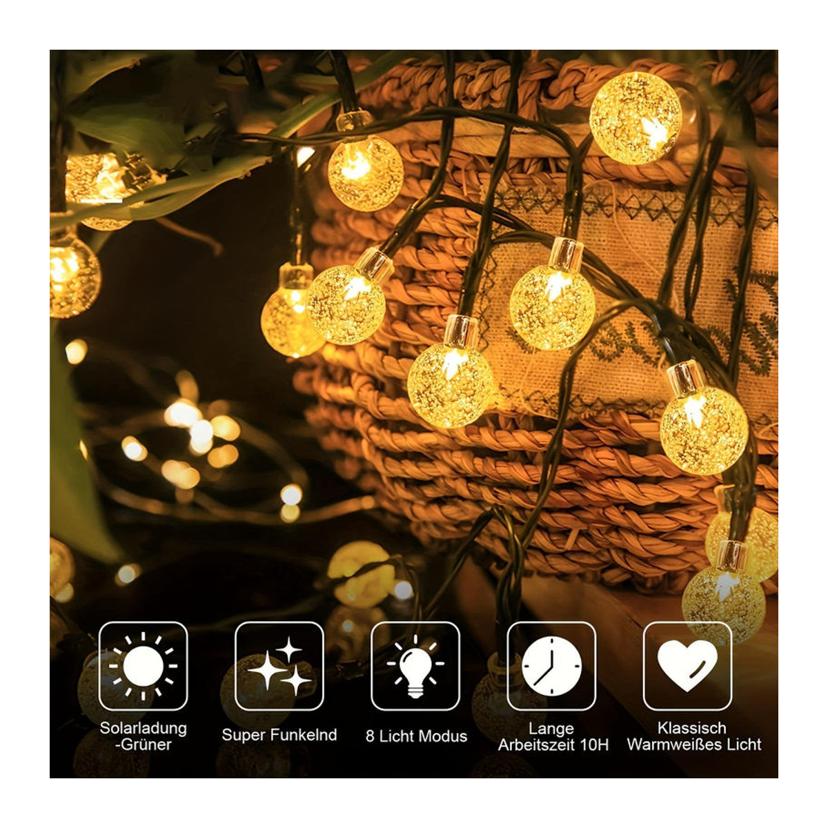 Saimili Solar Kristallkugel Lichterkette mit 30 warmweißen LEDs, 4,5m wasserdichte Outdoor Lichterkette mit 8 Modi für Garten und Weihnachtsdekoration - Bild 9