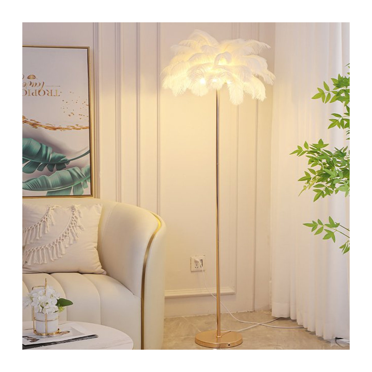 SaloEElaitte Moderne LED Stehleuchte mit Straußenfedern für Schlafzimmer und Wohnzimmer - Bild 1