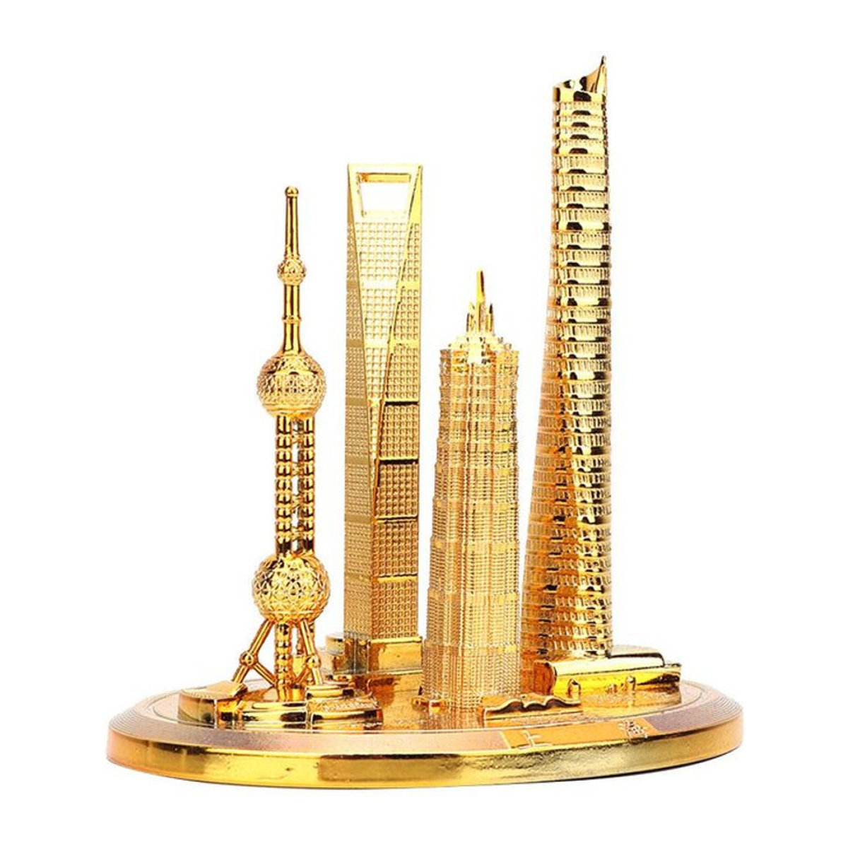 Sammlermodell Shanghai Gebäude Oriental Pearl Tower und Global Financial Center Souvenir aus Metall in Gold und Bronze im Vintage-Stil - Bild 1
