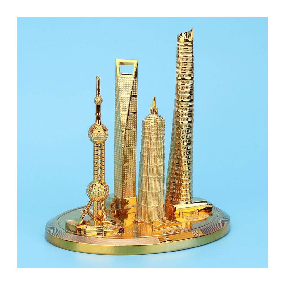 Sammlermodell Shanghai Gebäude Oriental Pearl Tower und Global Financial Center Souvenir aus Metall in Gold und Bronze im Vintage-Stil - Bild 2
