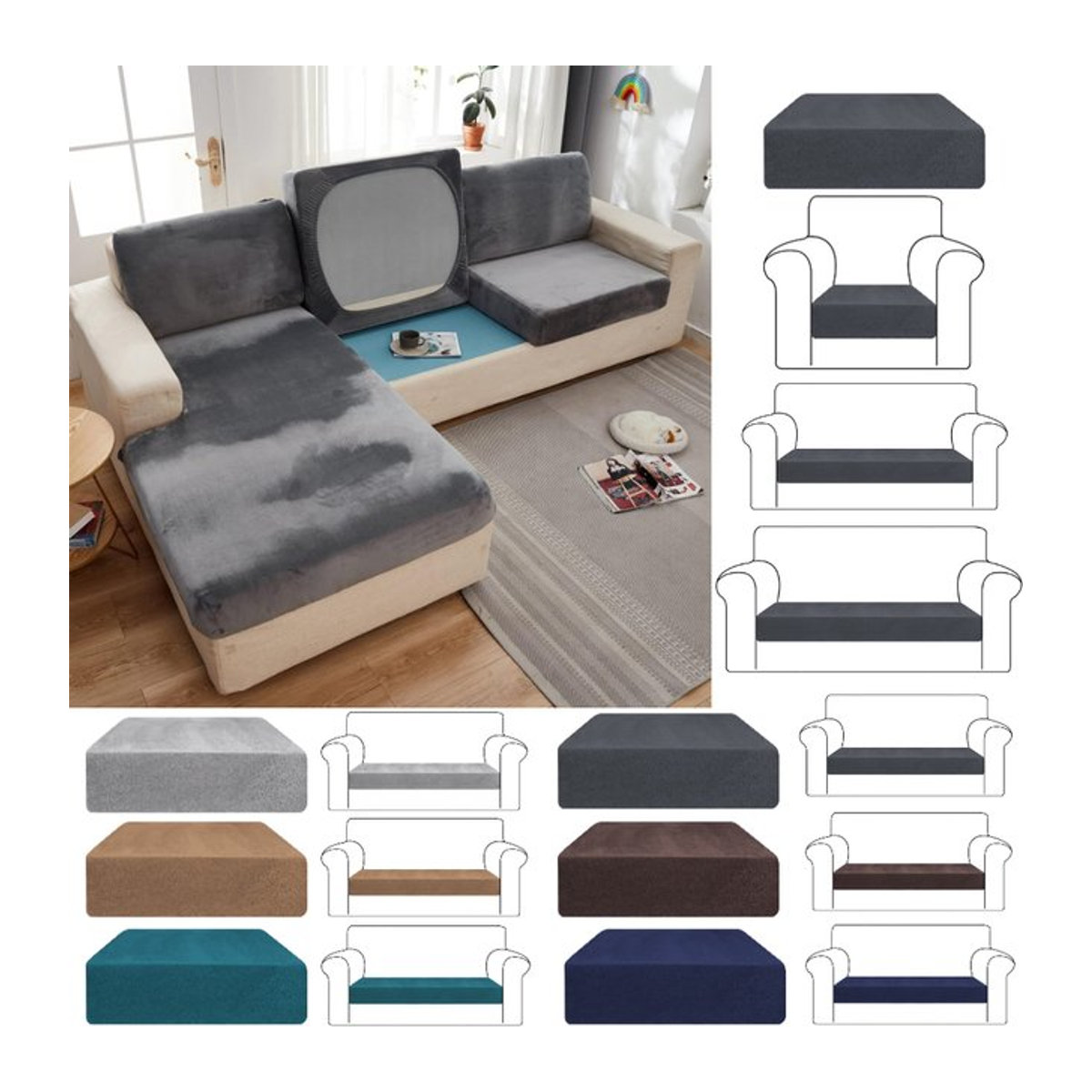 Samt Stretch Couch Kissenbezug aus Plüsch in Coffee als Sofa Kissen Schonbezug und Möbel Schutz für dein Sofa oder Loveseat - Bild 1