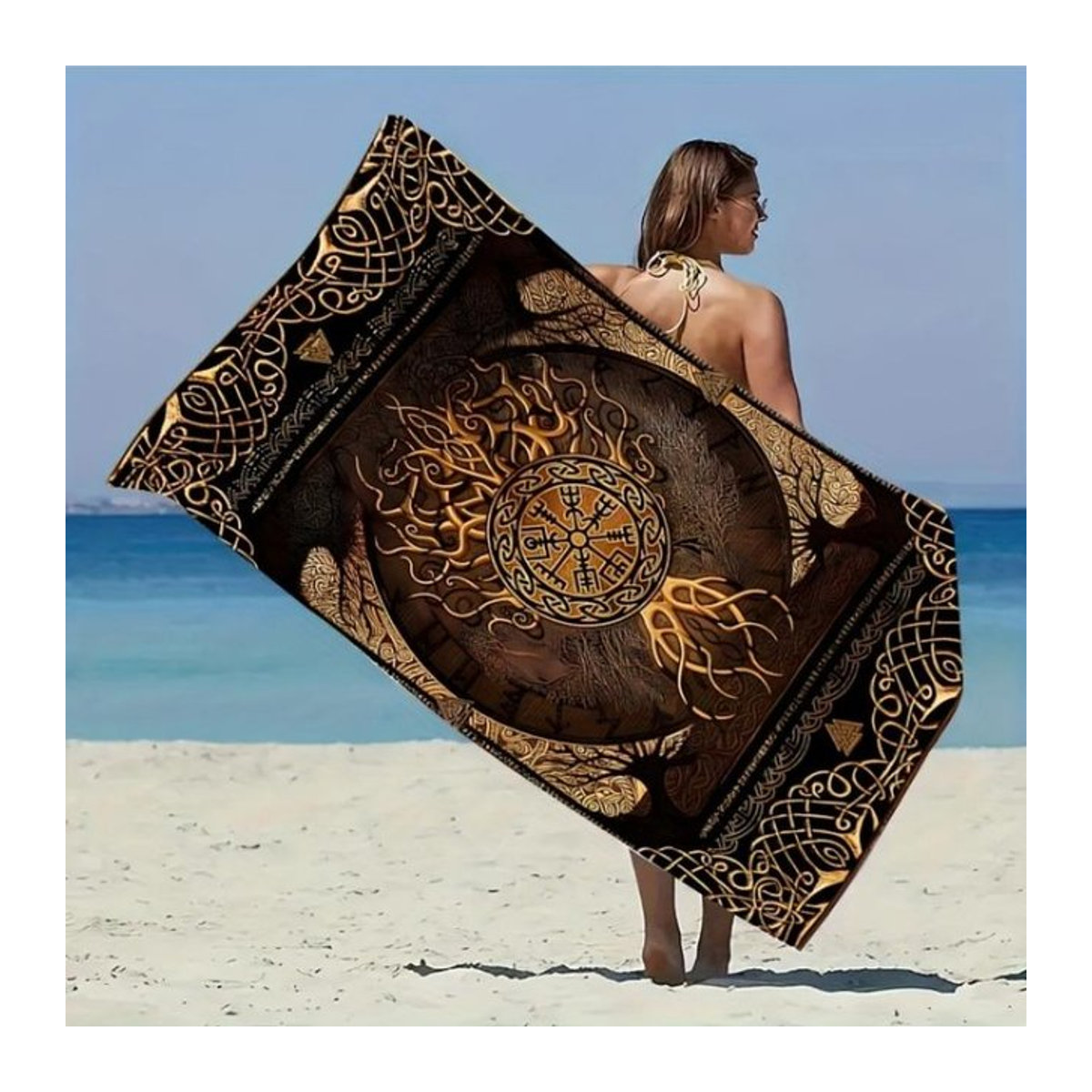Sandfestes und schnell trocknendes Wikinger Muster Strandtuch in Weiß, Breite: 30 cm, Höhe: 60 cm - Bild 1