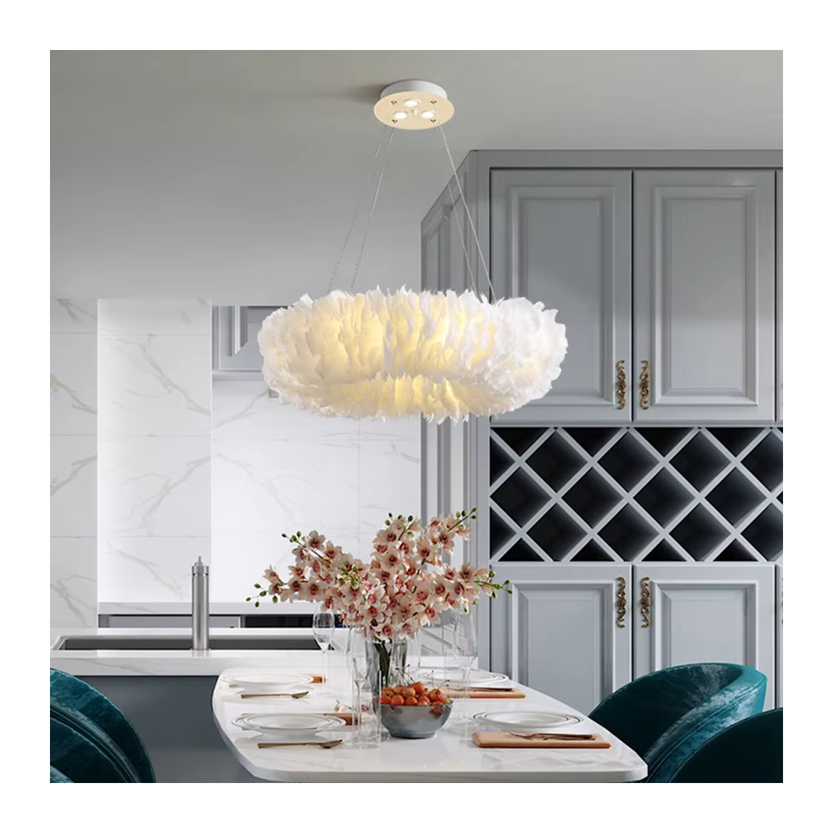 SANDYHA Nordic Luxus LED Kronleuchter mit Gans-Feder-Anhänger in Weiß für Wohnzimmer, Esszimmer und Schlafzimmer - Bild 3