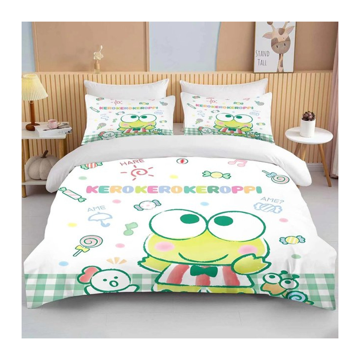 Sanrio Keroppi Bettwäscheset mit Cartoon Anime Motiv für Kinder und Erwachsene, Bettbezug und Kissenbezug mit Reißverschluss, B/H: 140 x 210 cm - Bild 1