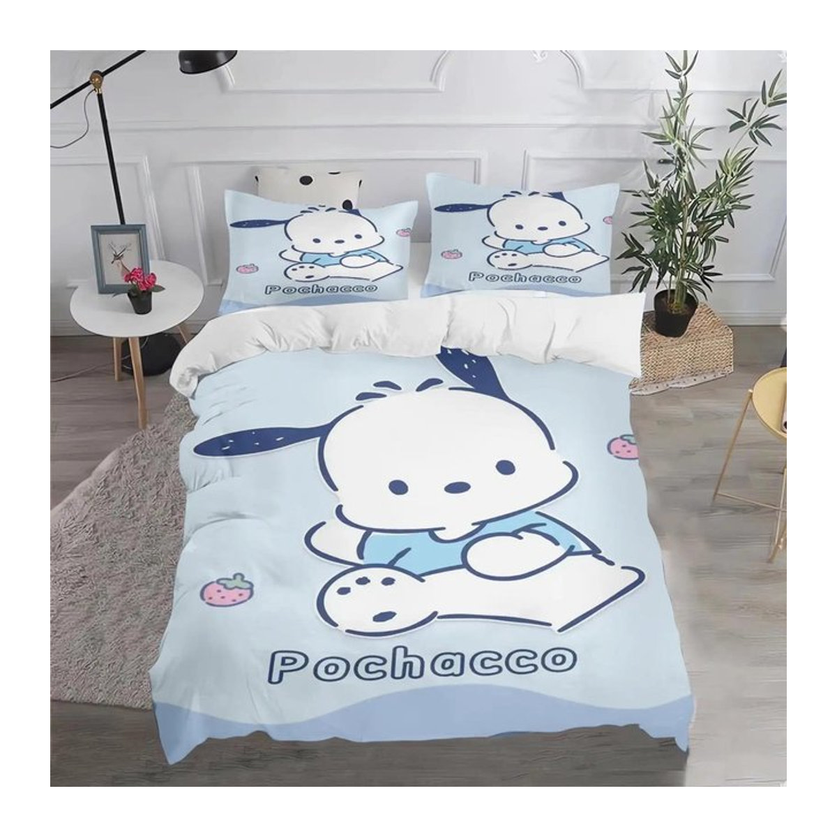 Sanrio Pochacco Cartoon Bettwäsche-Set mit Bettbezug und Kissenbezug, 3-teilig, Single, B x H: 135 x 200 cm - Bild 1