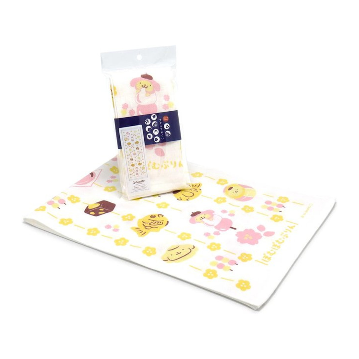 Sanrio Pompompurin Tenugui Handtuch aus 100% Baumwolle, Design Japanische Süßigkeiten, Gelb, B: 34 cm, L: 90 cm - Bild 1