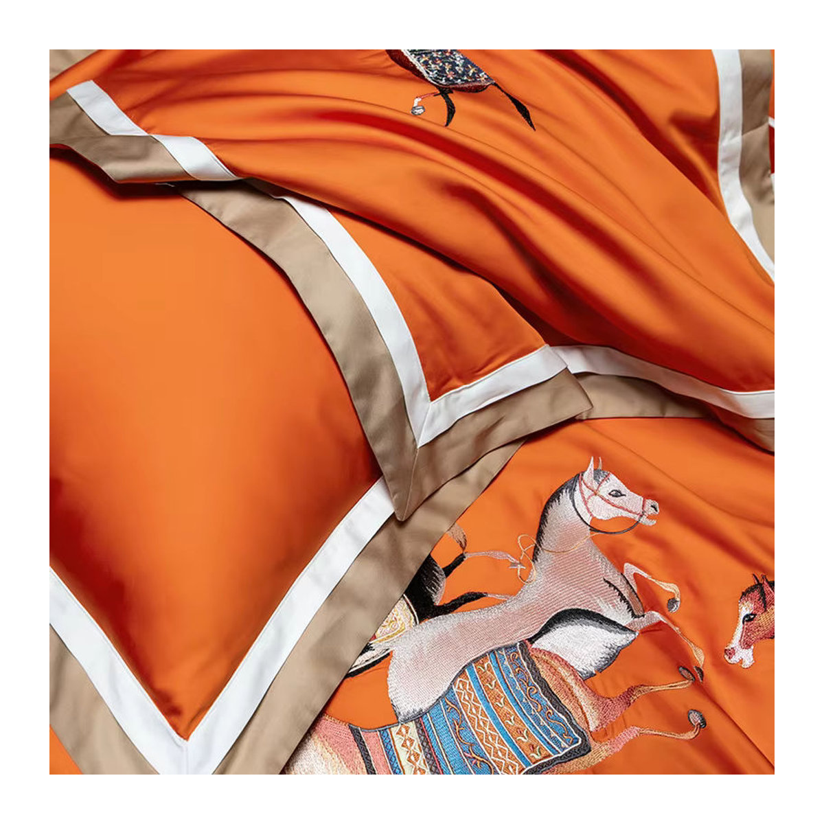 Satin-Bettwäsche-Set aus Ägyptischer Baumwolle mit Pferde-Stickerei, Queen oder King Size, inklusive Bettbezug, Laken und Kissenbezüge - Bild 6
