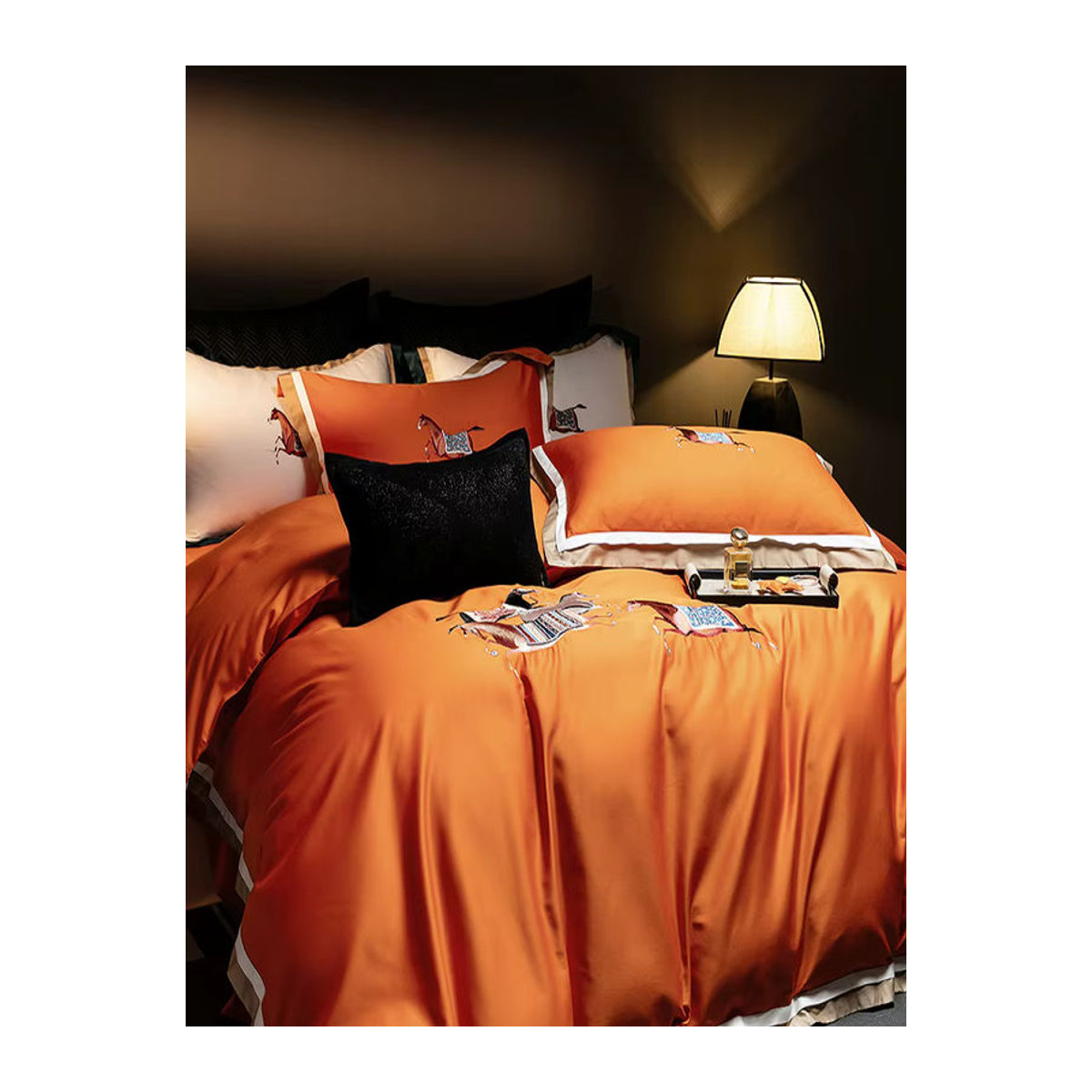Satin-Bettwäsche-Set aus Ägyptischer Baumwolle mit Pferde-Stickerei, Queen oder King Size, inklusive Bettbezug, Laken und Kissenbezüge - Bild 7