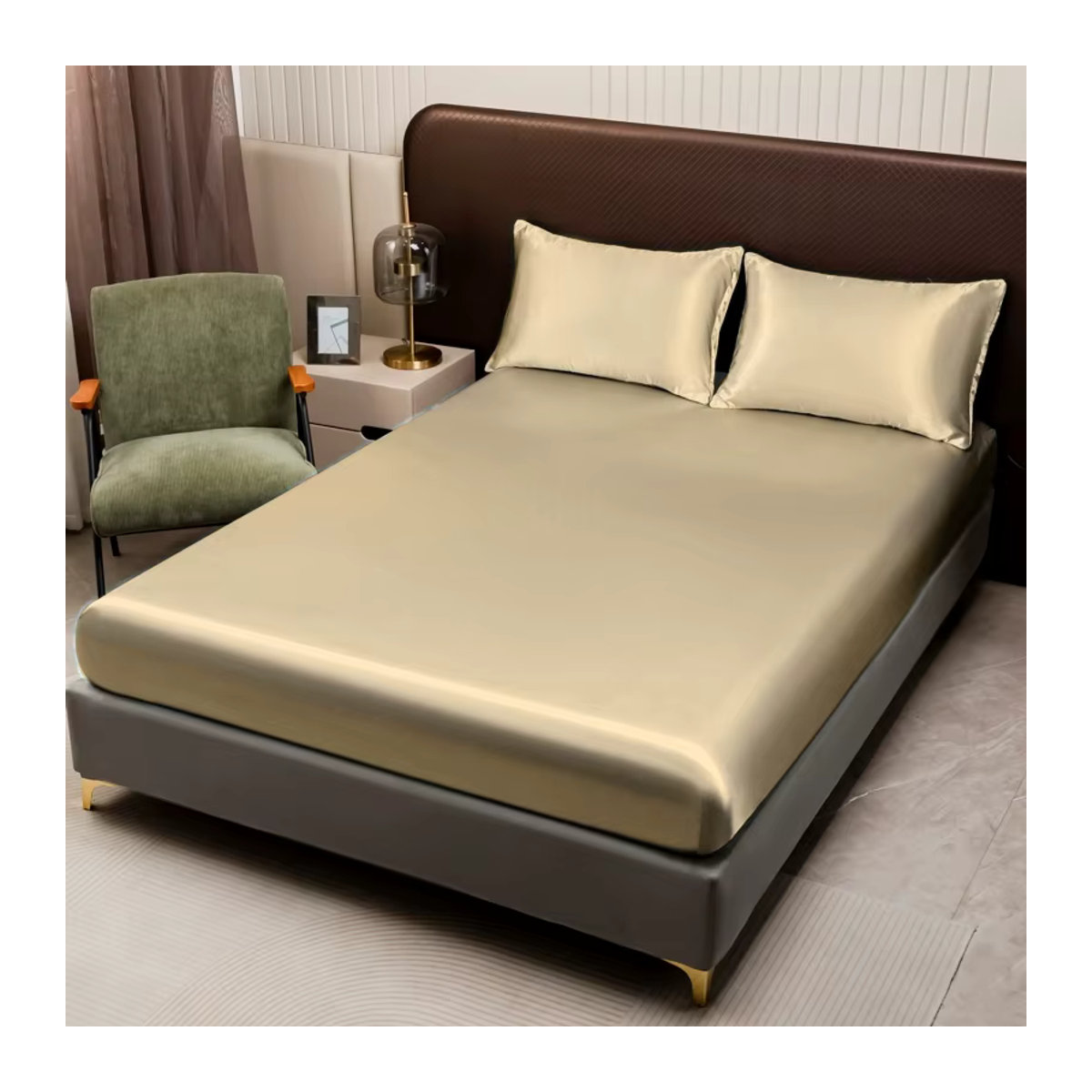 Satin Craft 3-teiliges Bettwäsche-Set aus Satin mit Spannbettlaken und Kissenbezügen in Beige - Bild 2