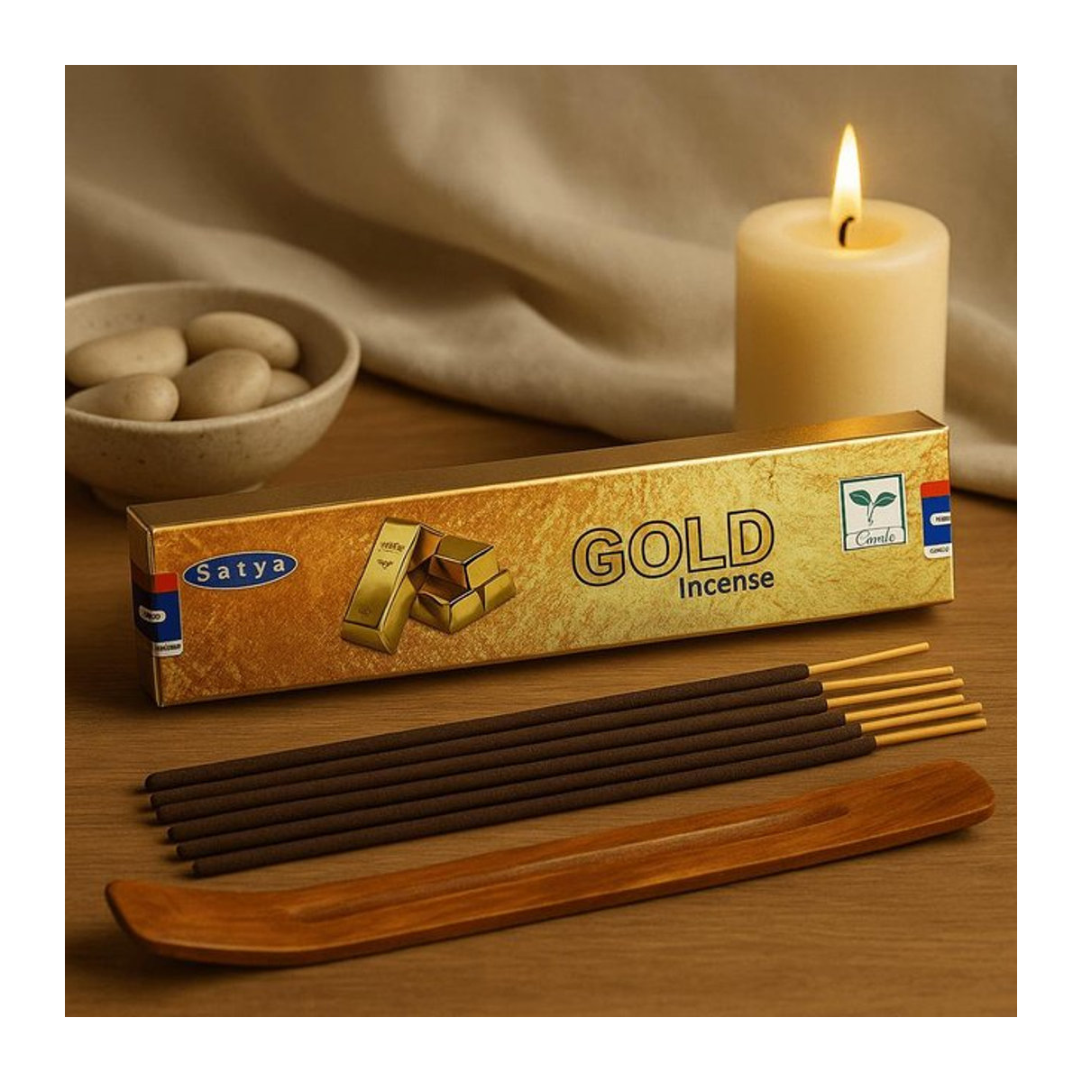 Satya Räucherstäbchen Gold mit Zitrus, Blüten, Würze, Holz und Amber, 15g - Bild 1