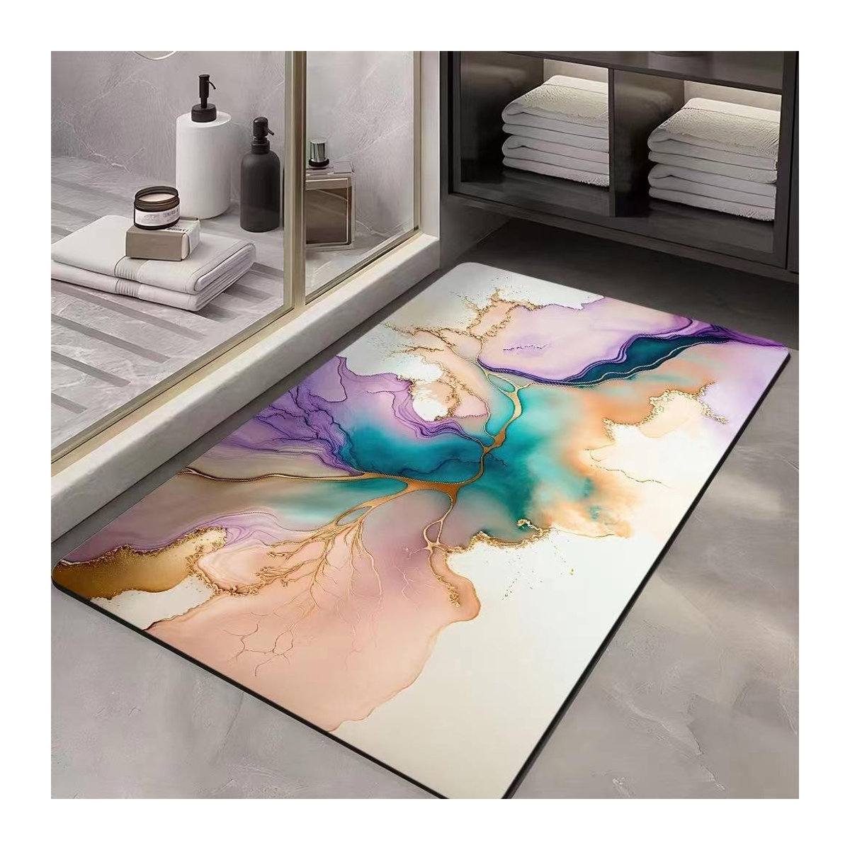 Saugfähige und rutschfeste Badezimmermatte im Marmor-Design, schnelltrocknend, B/B: 60 x 90 cm - Bild 1
