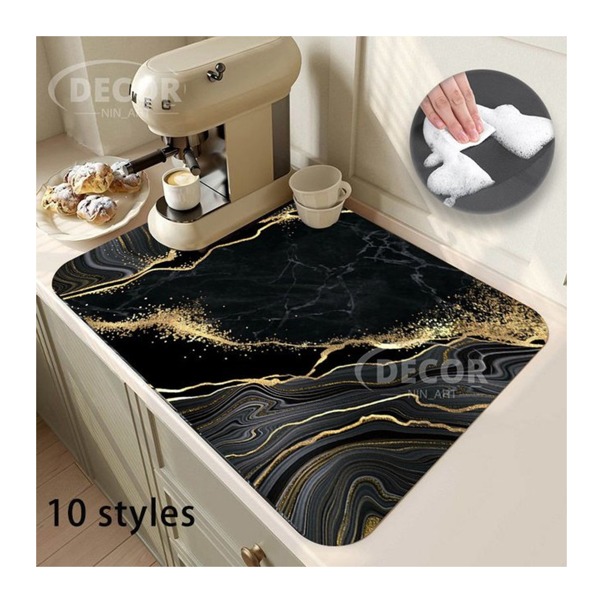 Saugfähiges Küchenuntersetzer-Set in Schwarz mit Marmor-Optik und mattem Finish - Bild 1